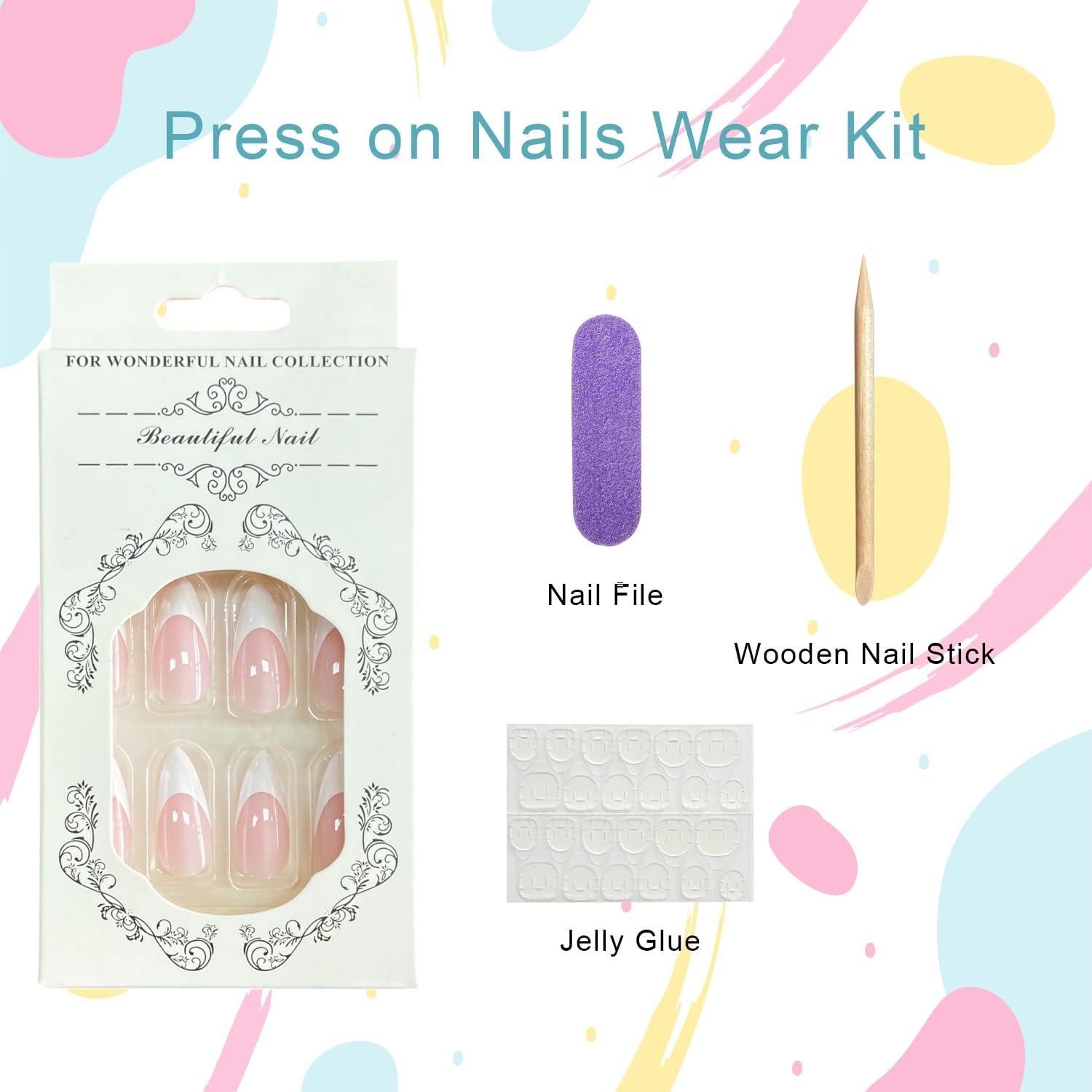 Uñas Postizas Almendra Media Punta Francesa Blanca 24 Pcs