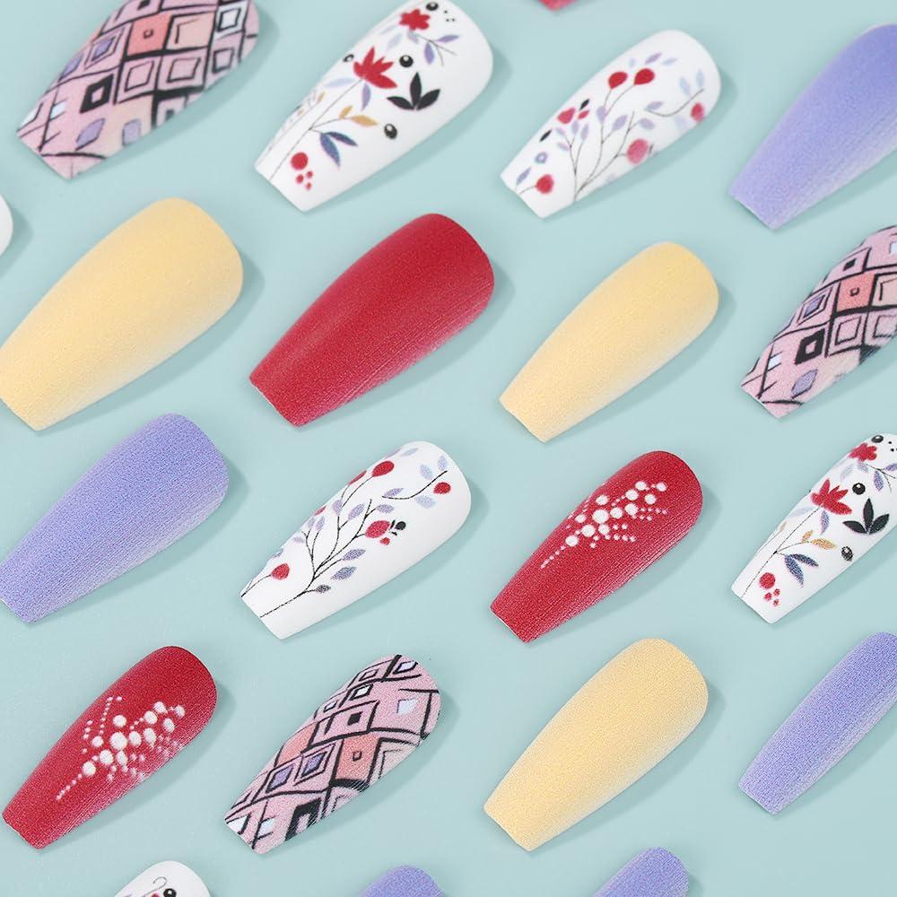 24 Uñas Postizas Acrílicas OCOUYVD Diseño Flores Punta Francesa