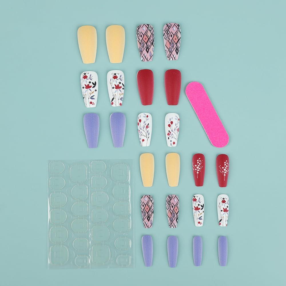 24 Uñas Postizas Acrílicas OCOUYVD Diseño Flores Punta Francesa