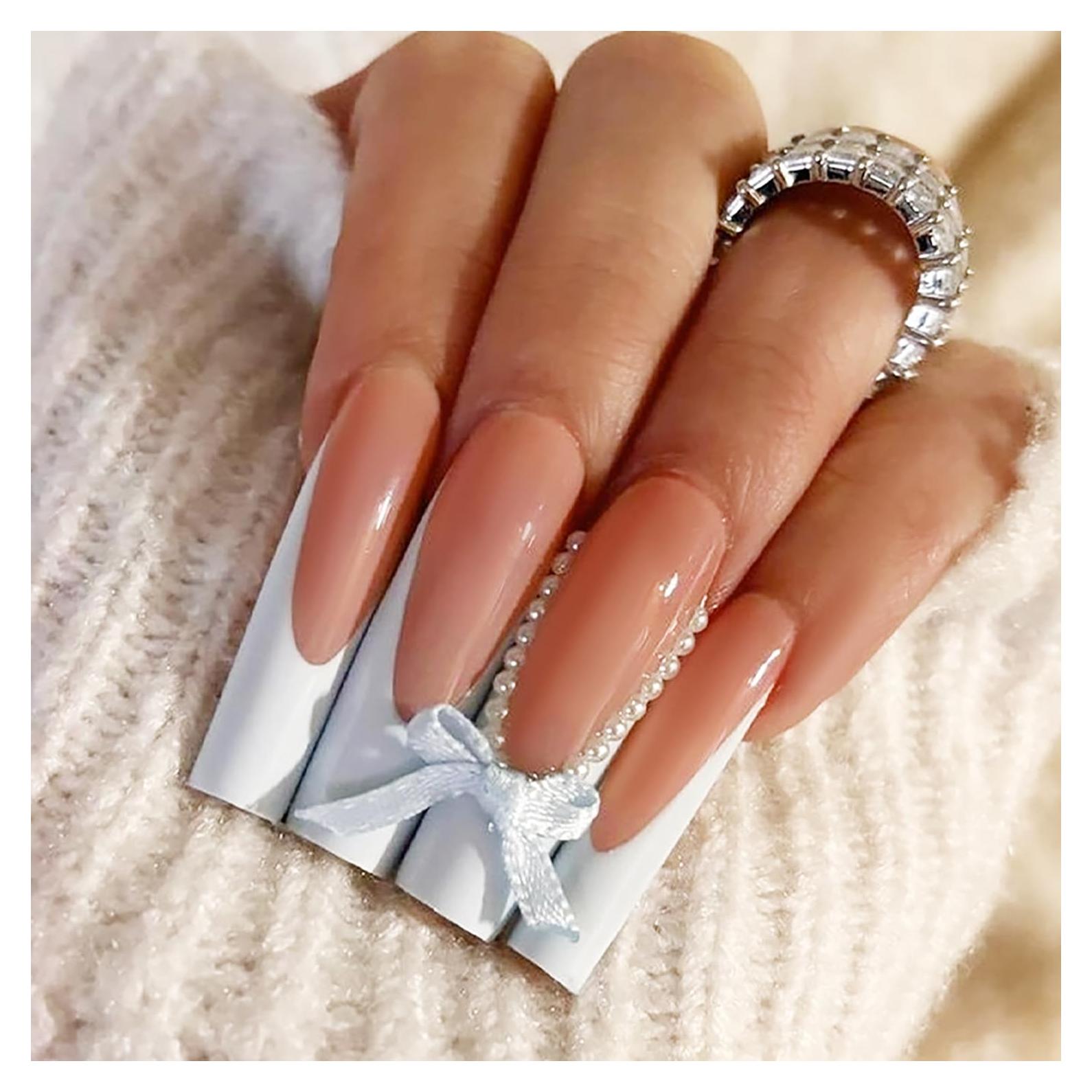 Uñas Postizas Largas Coffin FOXIIU Diseño Francés Azul