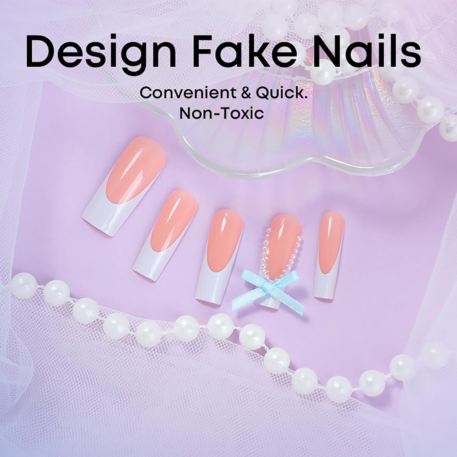 Uñas Postizas Largas Coffin FOXIIU Diseño Francés Azul