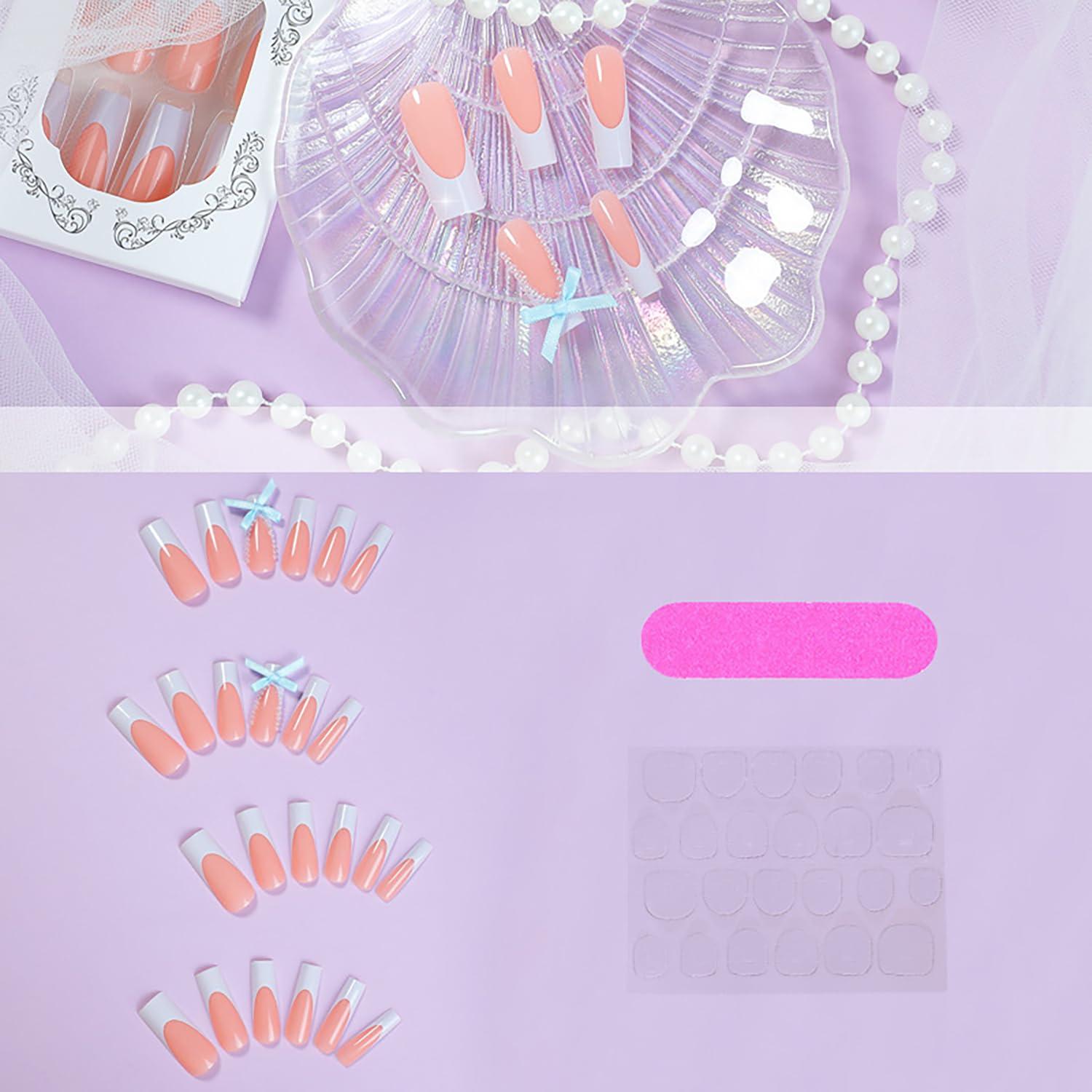 Uñas Postizas Largas Coffin FOXIIU Diseño Francés Azul