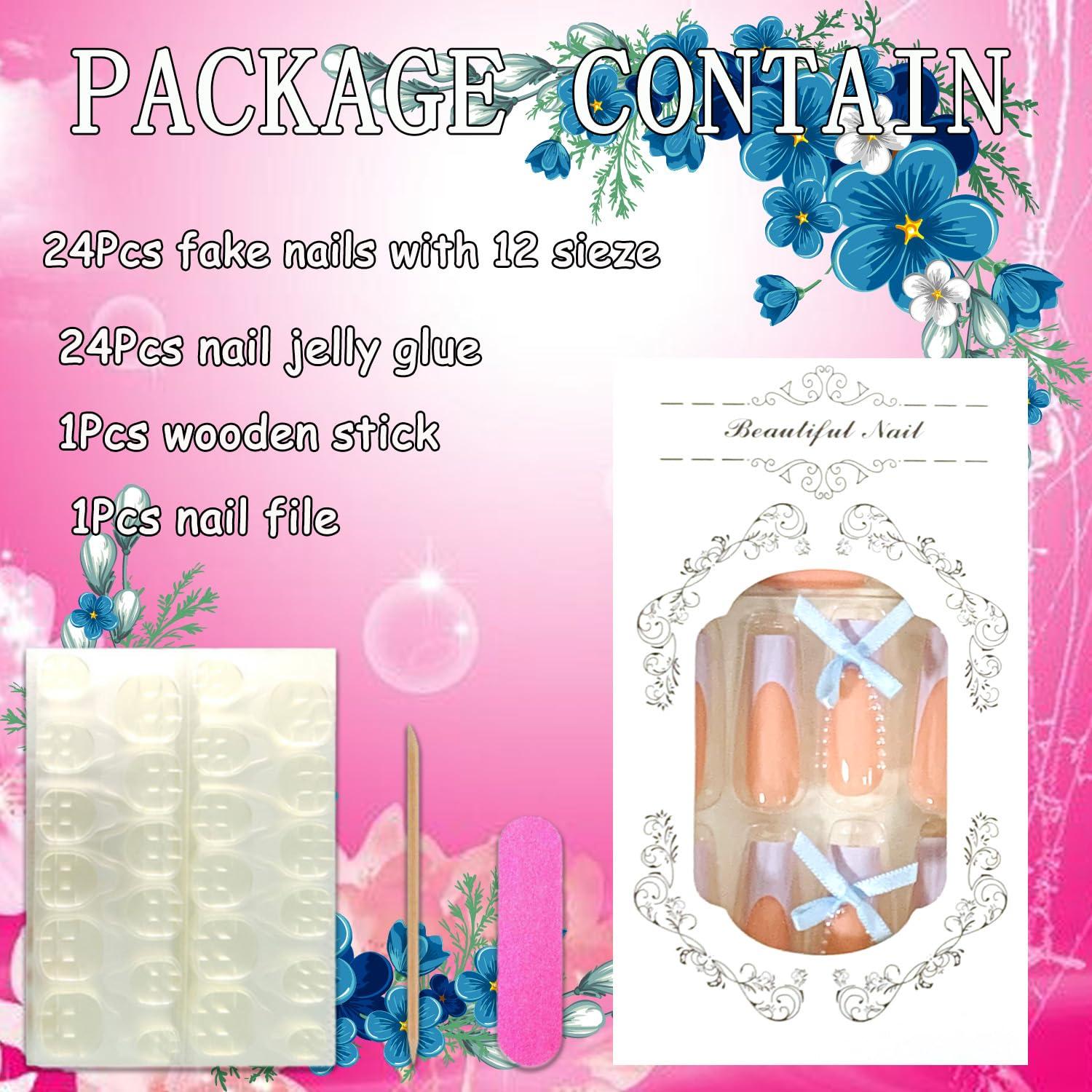 Uñas Postizas Largas Coffin FOXIIU Diseño Francés Azul