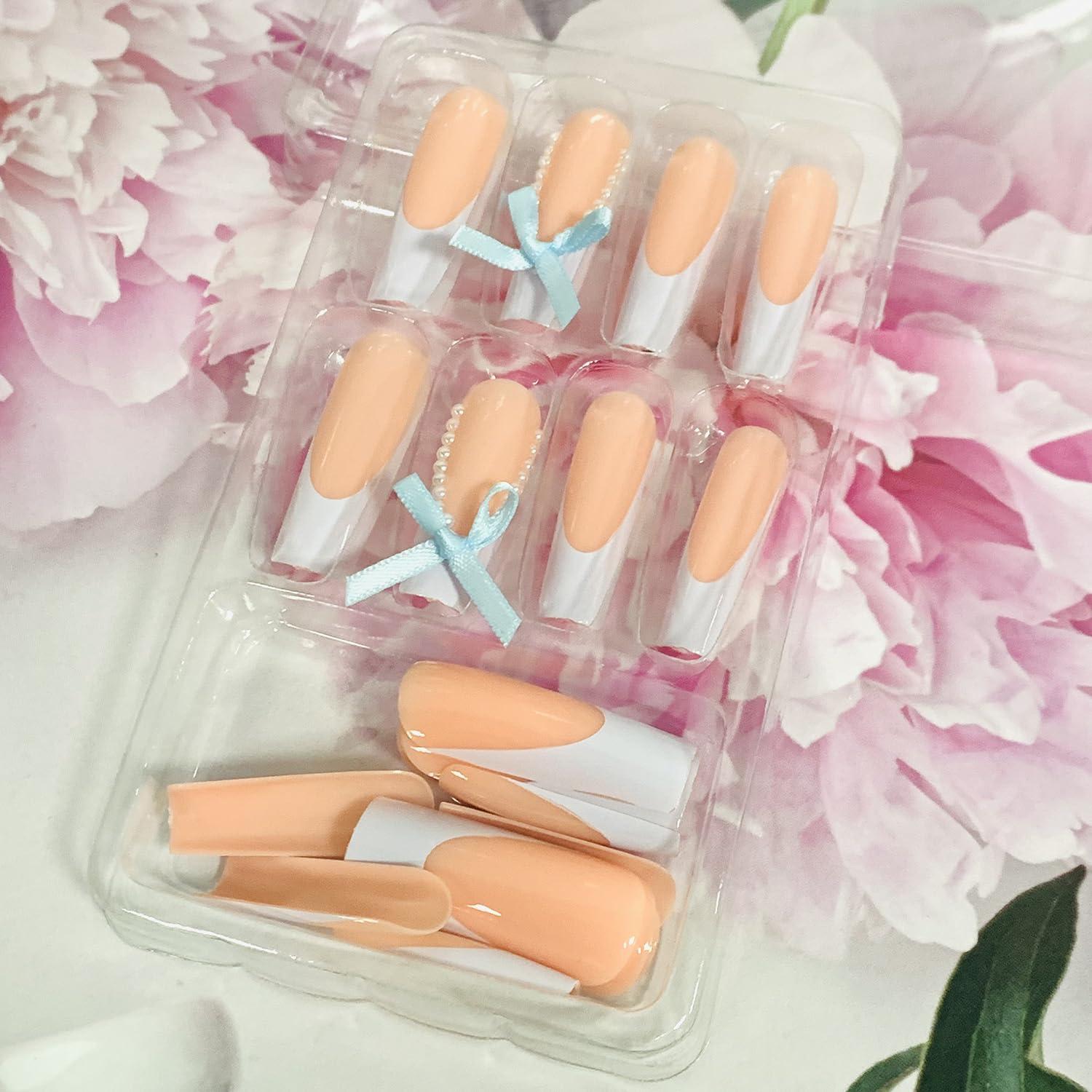 Uñas Postizas Largas Coffin FOXIIU Diseño Francés Azul