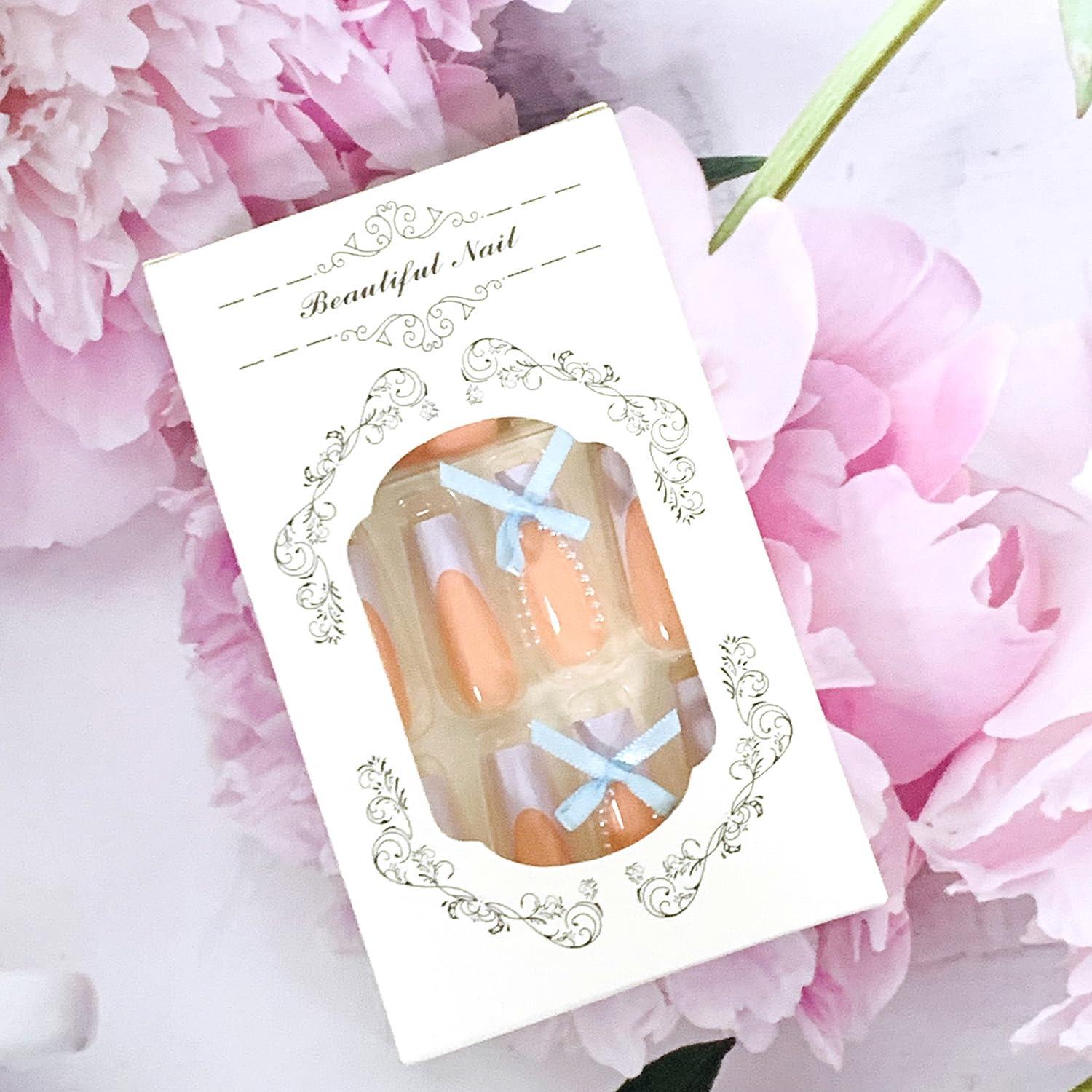 Uñas Postizas Largas Coffin FOXIIU Diseño Francés Azul