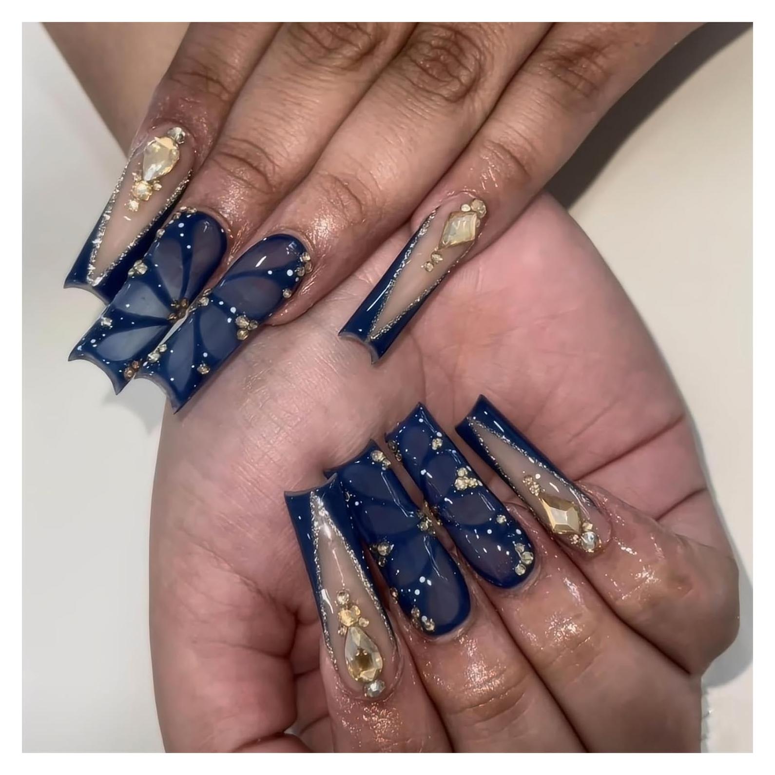 Uñas Postizas Cuadradas RTKHFZE 24pcs Acrílicas Azul Oscuro