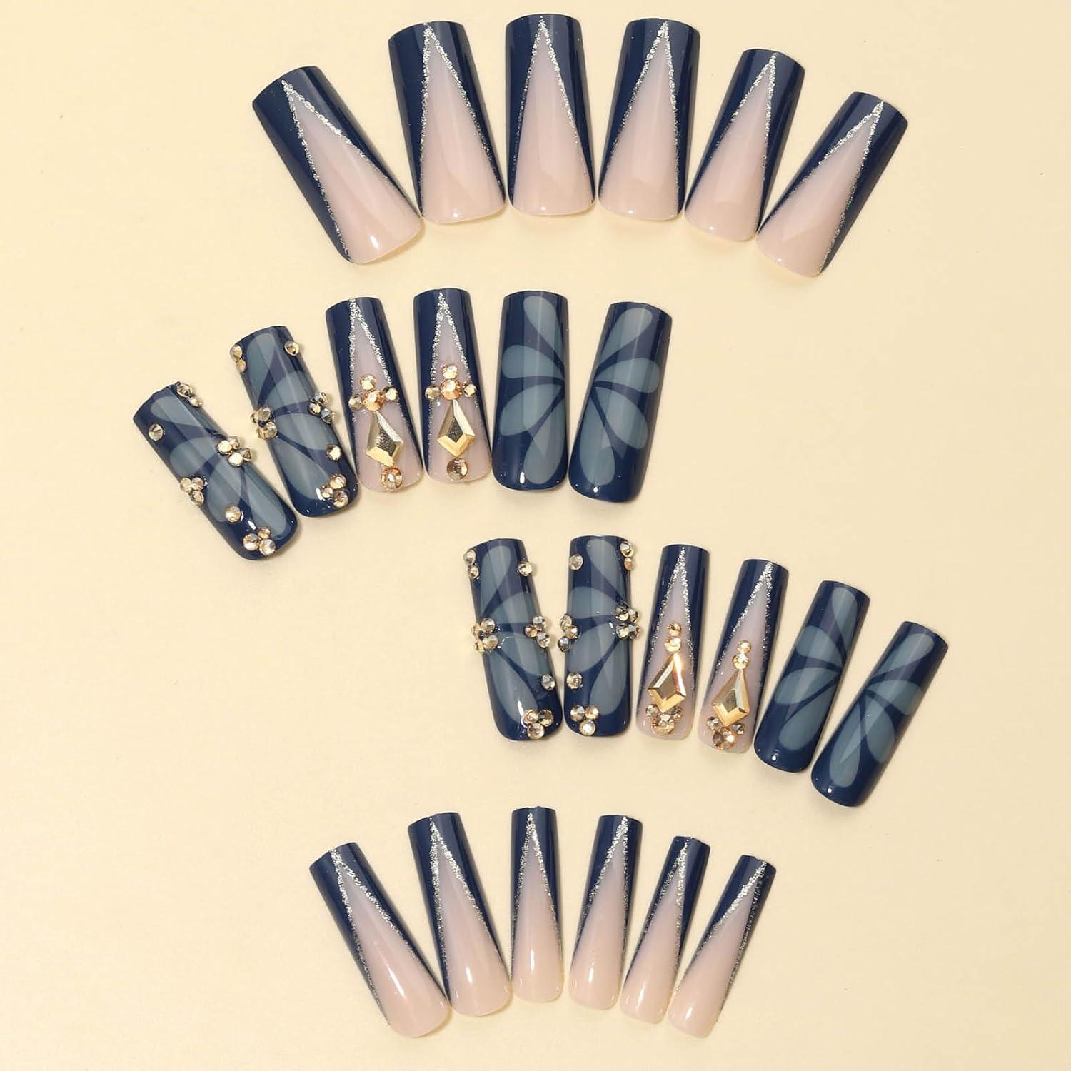 Uñas Postizas Cuadradas RTKHFZE 24pcs Acrílicas Azul Oscuro