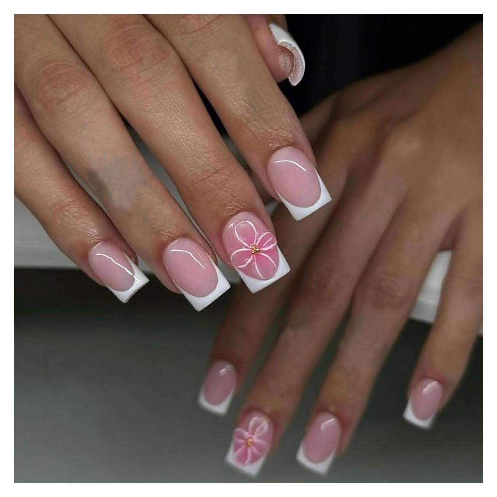 Uñas Postizas Cortas Cuadradas FIEONCIY Francesa Rosa 24 Piezas