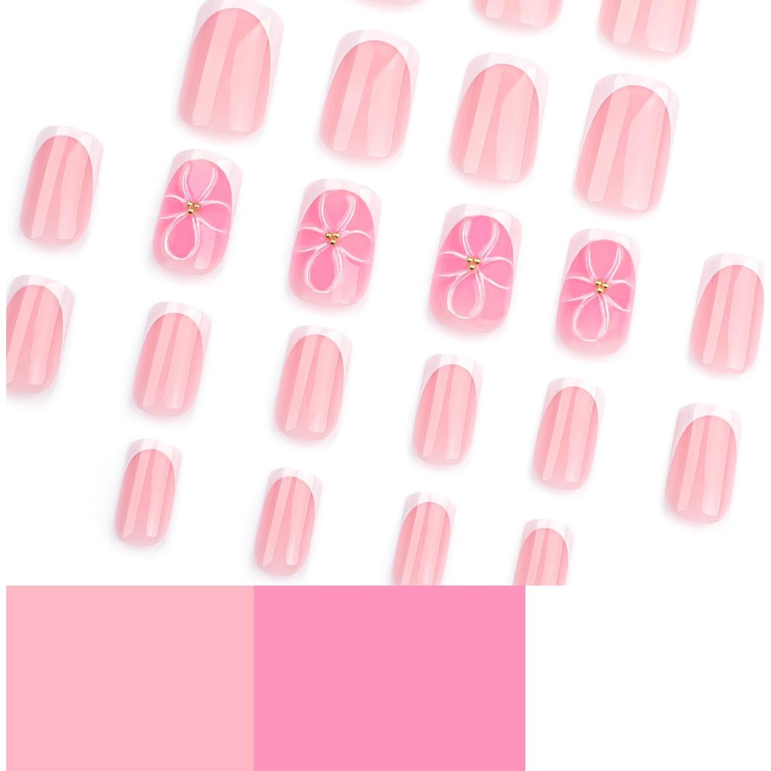 Uñas Postizas Cortas Cuadradas FIEONCIY Francesa Rosa 24 Piezas