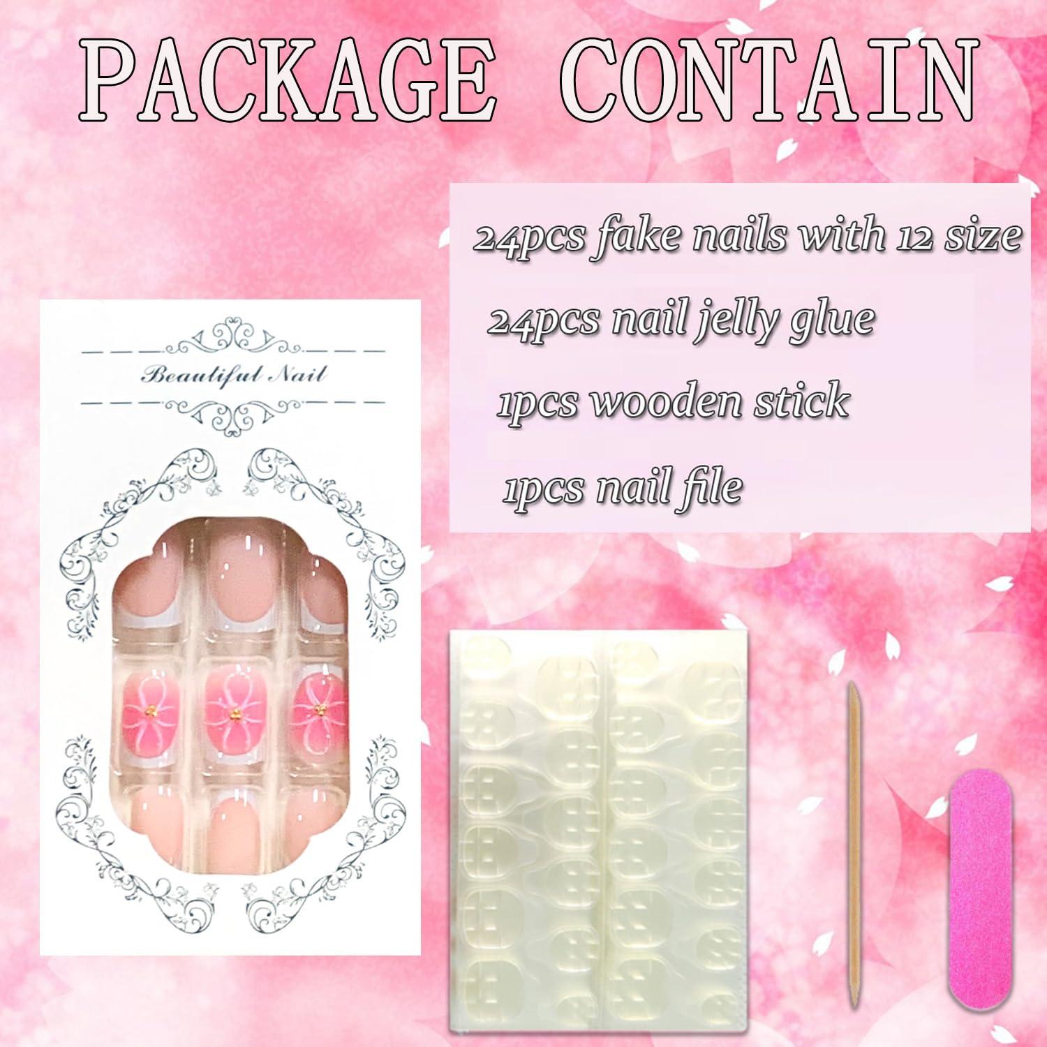 Uñas Postizas Cortas Cuadradas FIEONCIY Francesa Rosa 24 Piezas