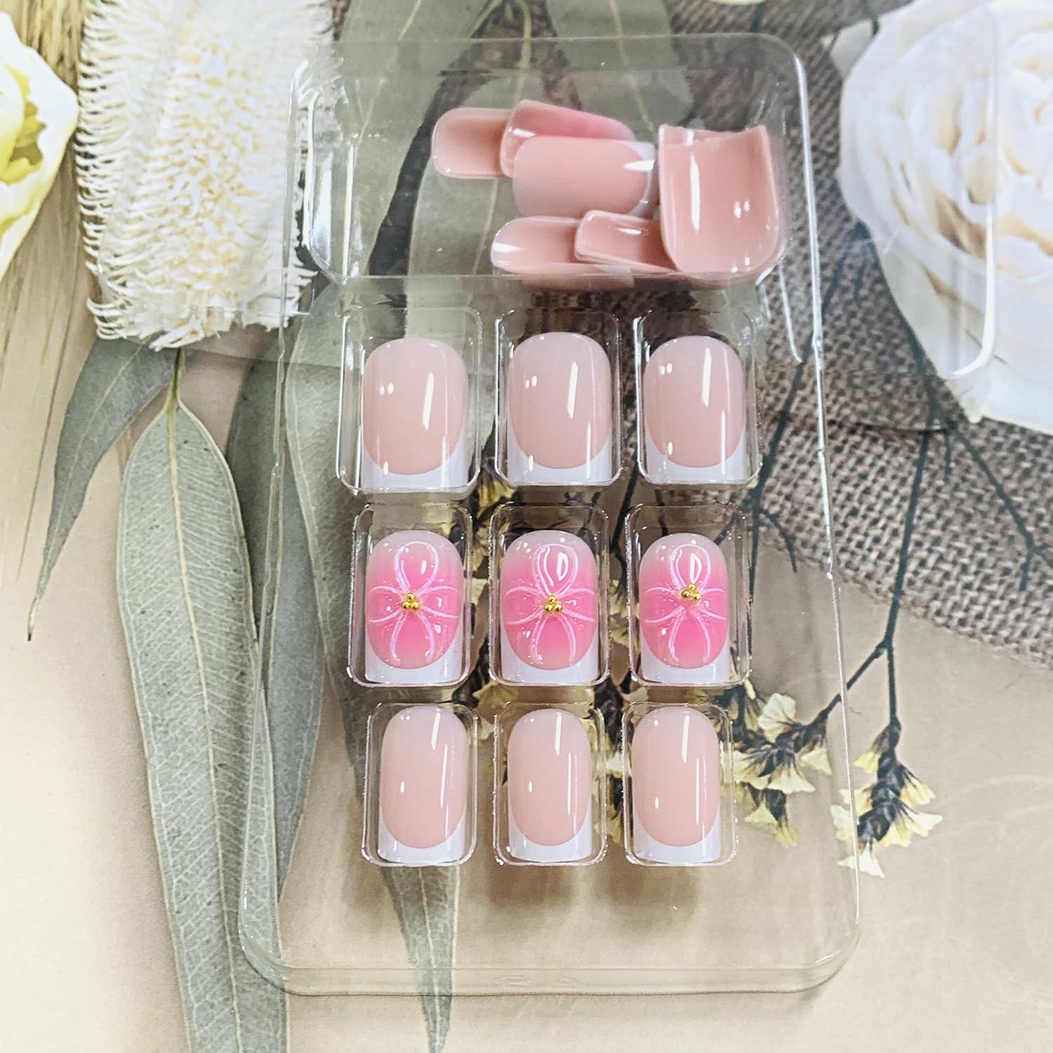 Uñas Postizas Cortas Cuadradas FIEONCIY Francesa Rosa 24 Piezas