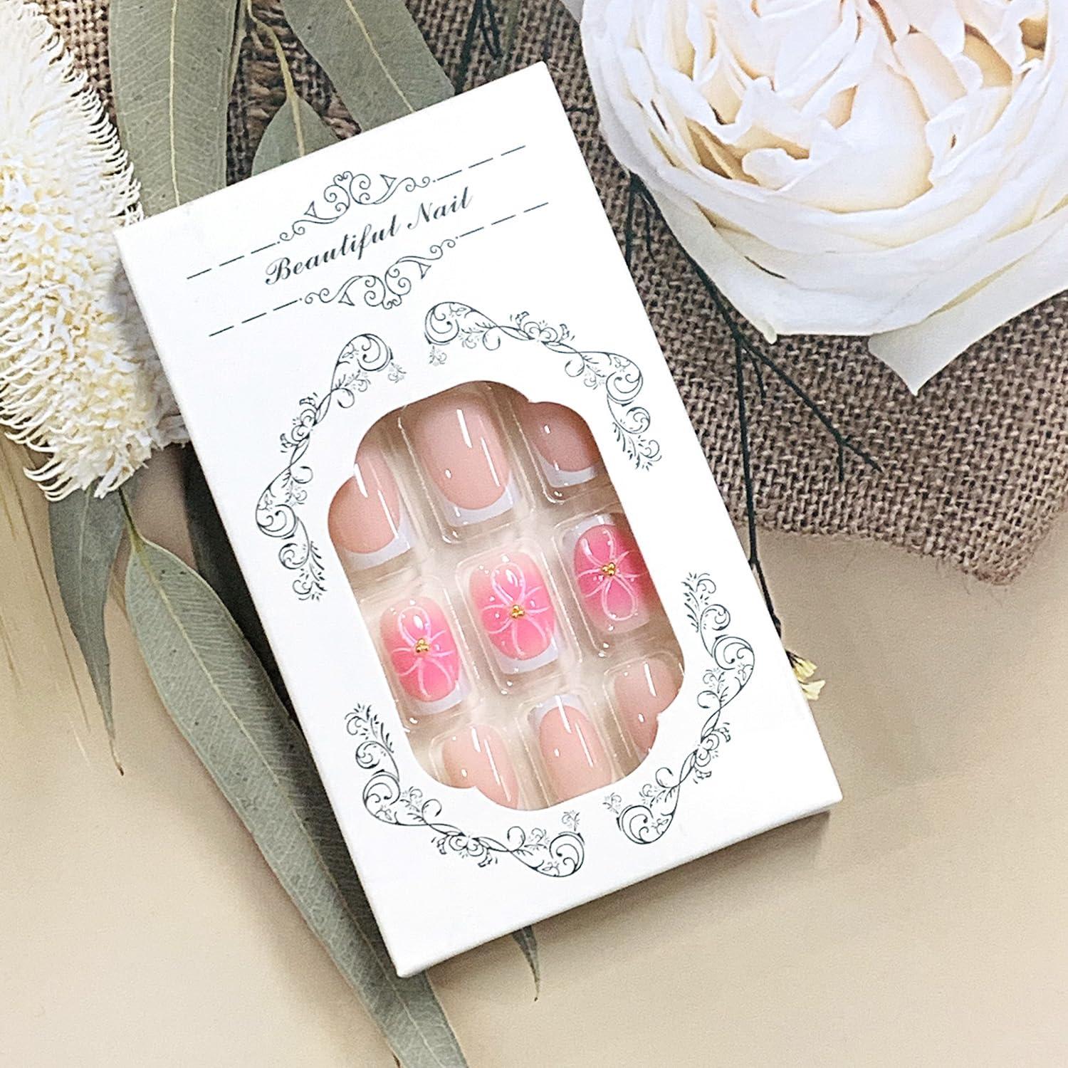 Uñas Postizas Cortas Cuadradas FIEONCIY Francesa Rosa 24 Piezas