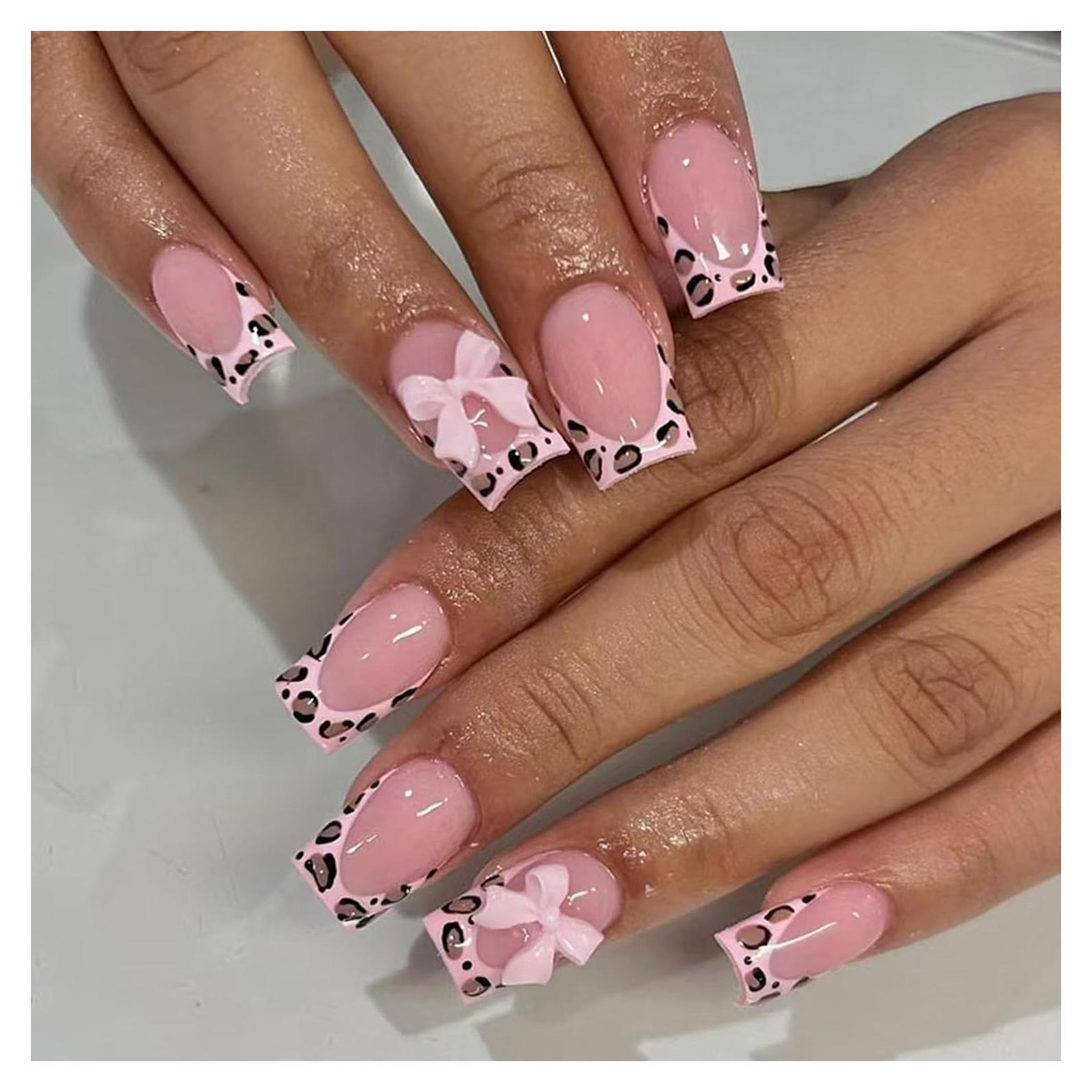 Uñas Postizas Medianas Cuadradas FOLONRAL 24Pcs Lazo 3D