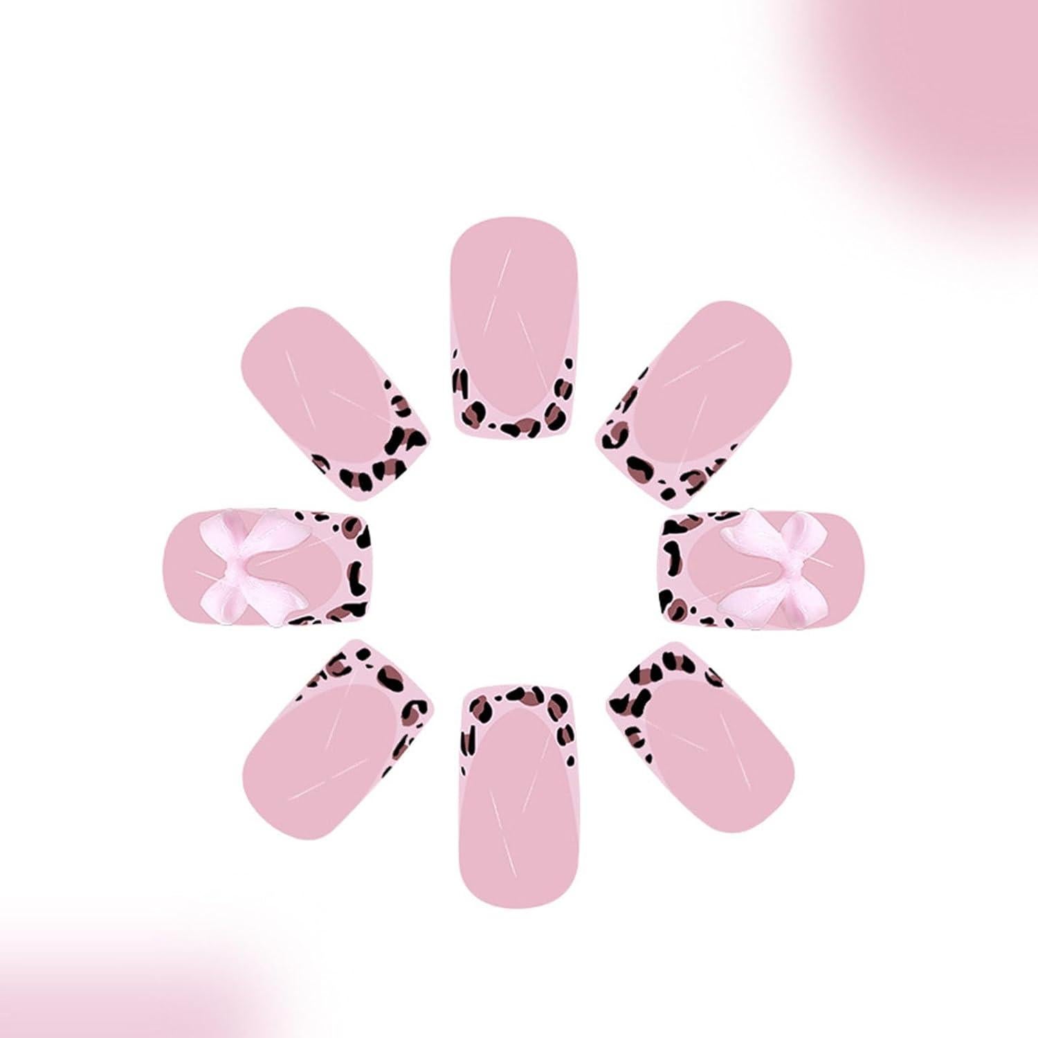 Uñas Postizas Medianas Cuadradas FOLONRAL 24Pcs Lazo 3D