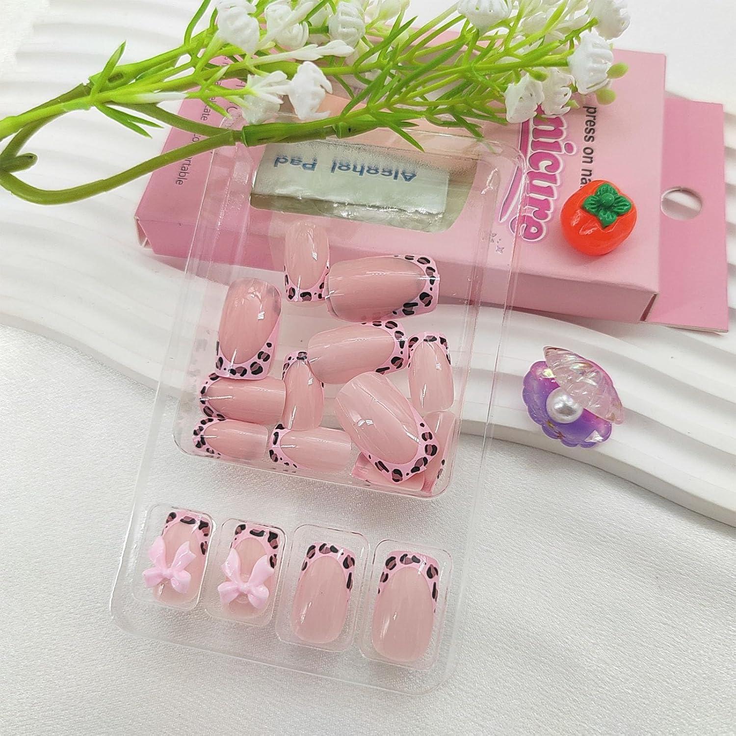 Uñas Postizas Medianas Cuadradas FOLONRAL 24Pcs Lazo 3D