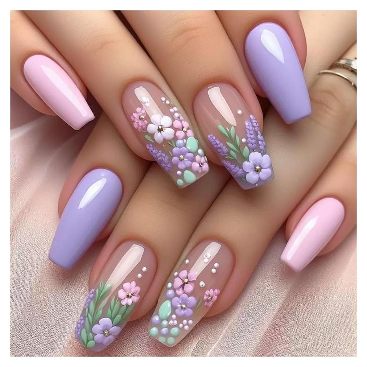 Uñas Postizas Medianas Coffin SPNBCQ006 Flores Morado Rosa 24Pcs