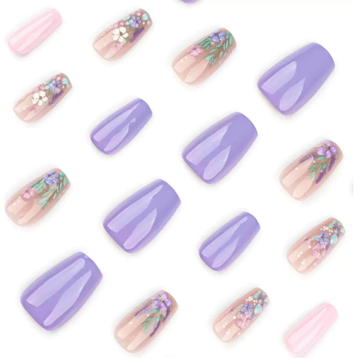 Uñas Postizas Medianas Coffin SPNBCQ006 Flores Morado Rosa 24Pcs