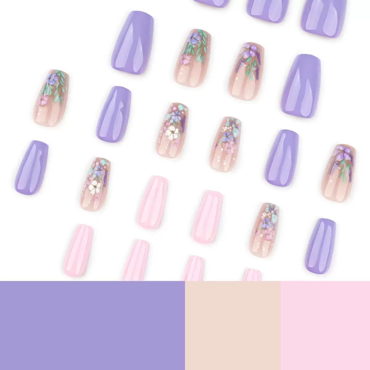 Uñas Postizas Medianas Coffin SPNBCQ006 Flores Morado Rosa 24Pcs