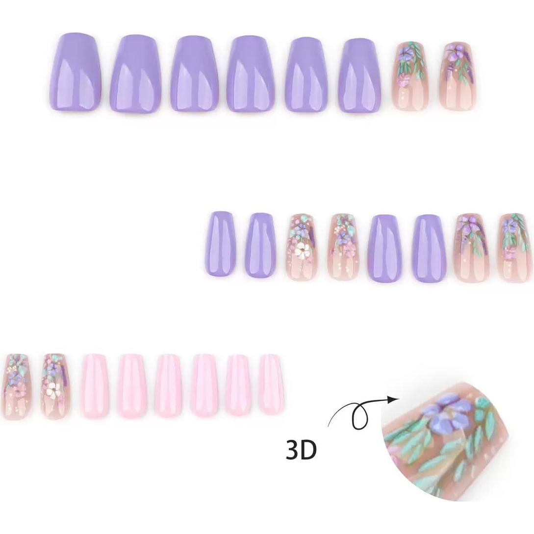 Uñas Postizas Medianas Coffin SPNBCQ006 Flores Morado Rosa 24Pcs
