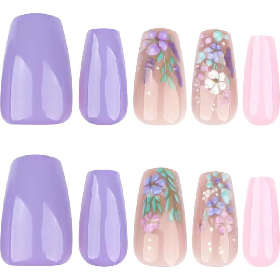 Uñas Postizas Medianas Coffin SPNBCQ006 Flores Morado Rosa 24Pcs