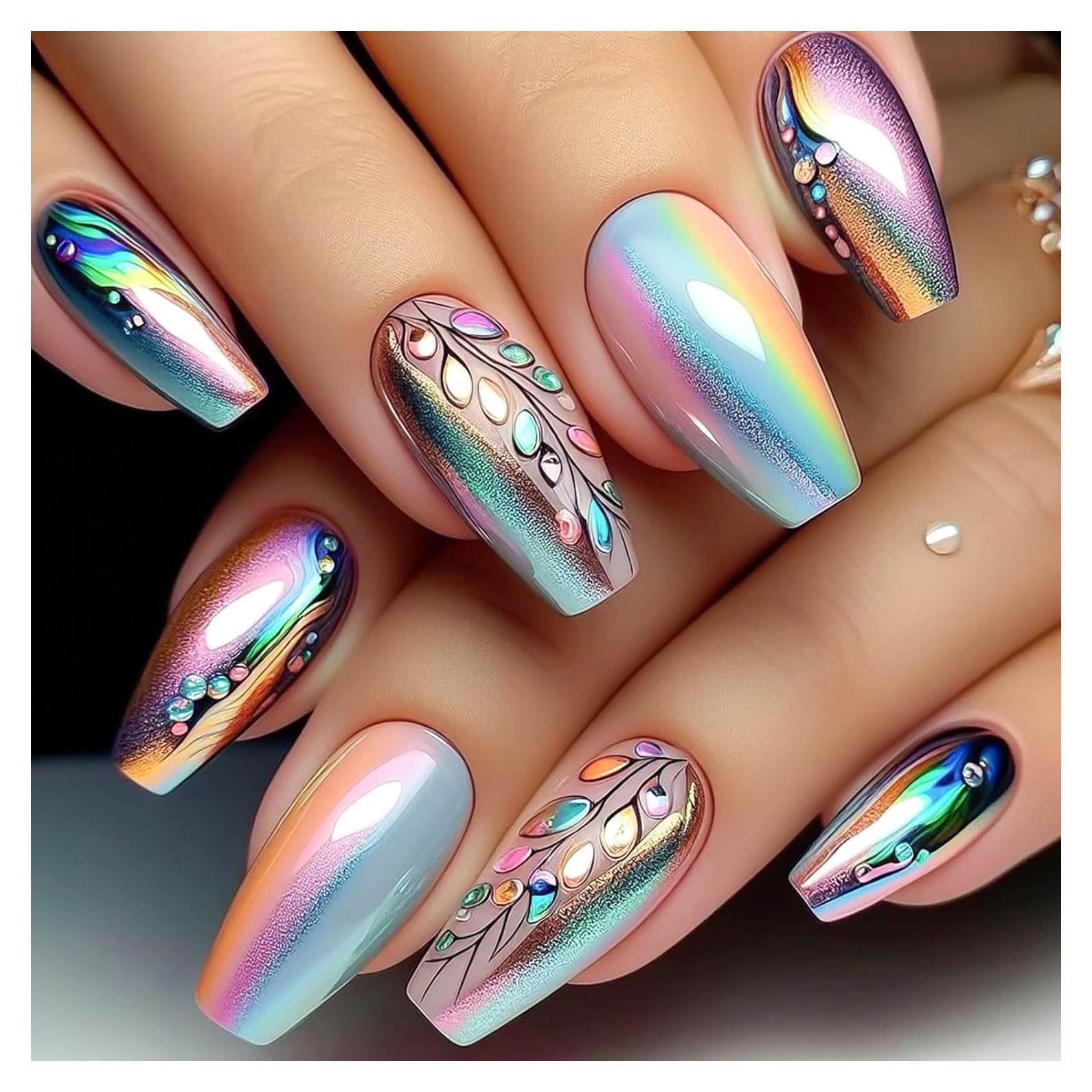 Uñas Postizas Brillantes RUOKEXIN 24Pcs Estilo Ataúd