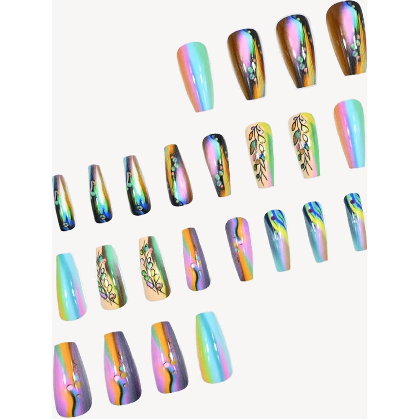 Uñas Postizas Brillantes RUOKEXIN 24Pcs Estilo Ataúd