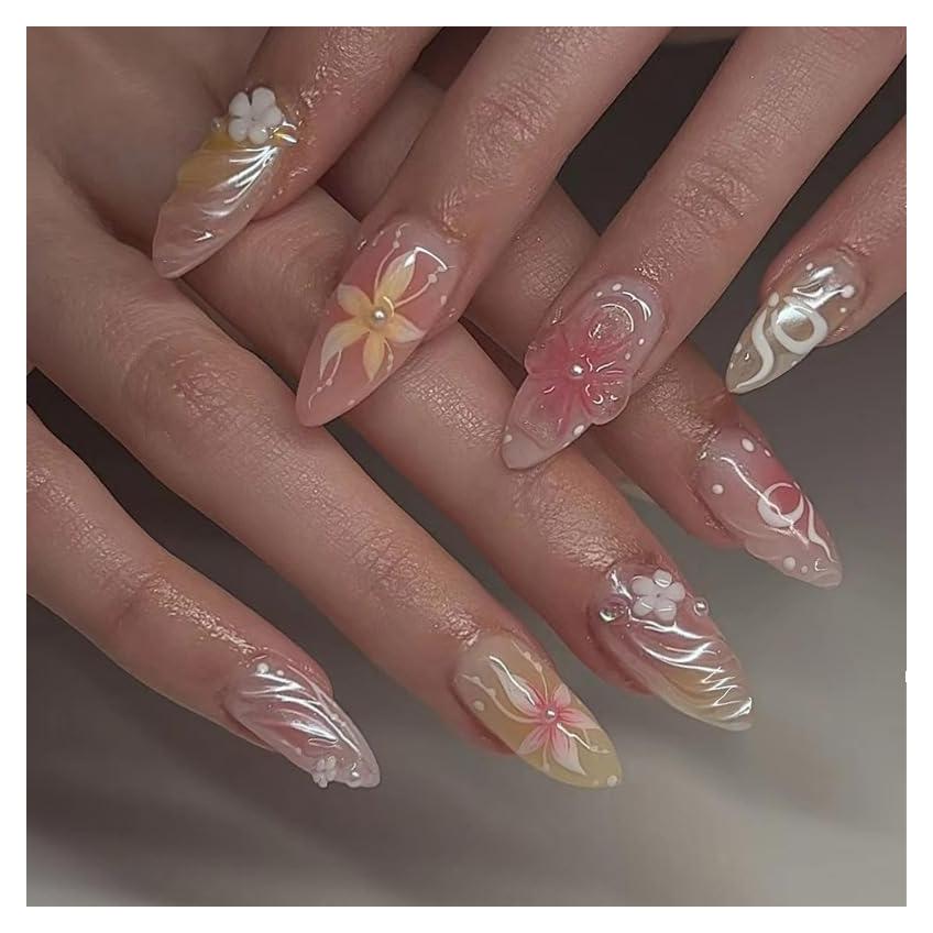 Uñas Postizas 3D XZMeiLun Rosa Almendra 30 Pcs Reutilizables