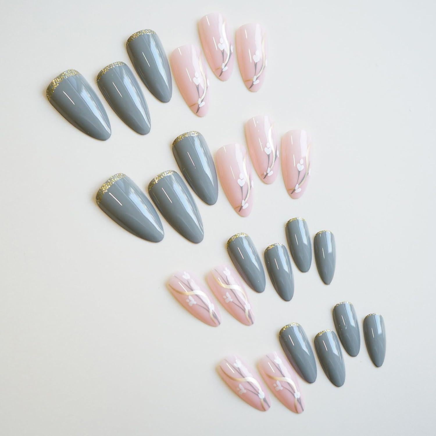 Uñas Postizas Vezocim Almendra Media Grises 24 Piezas