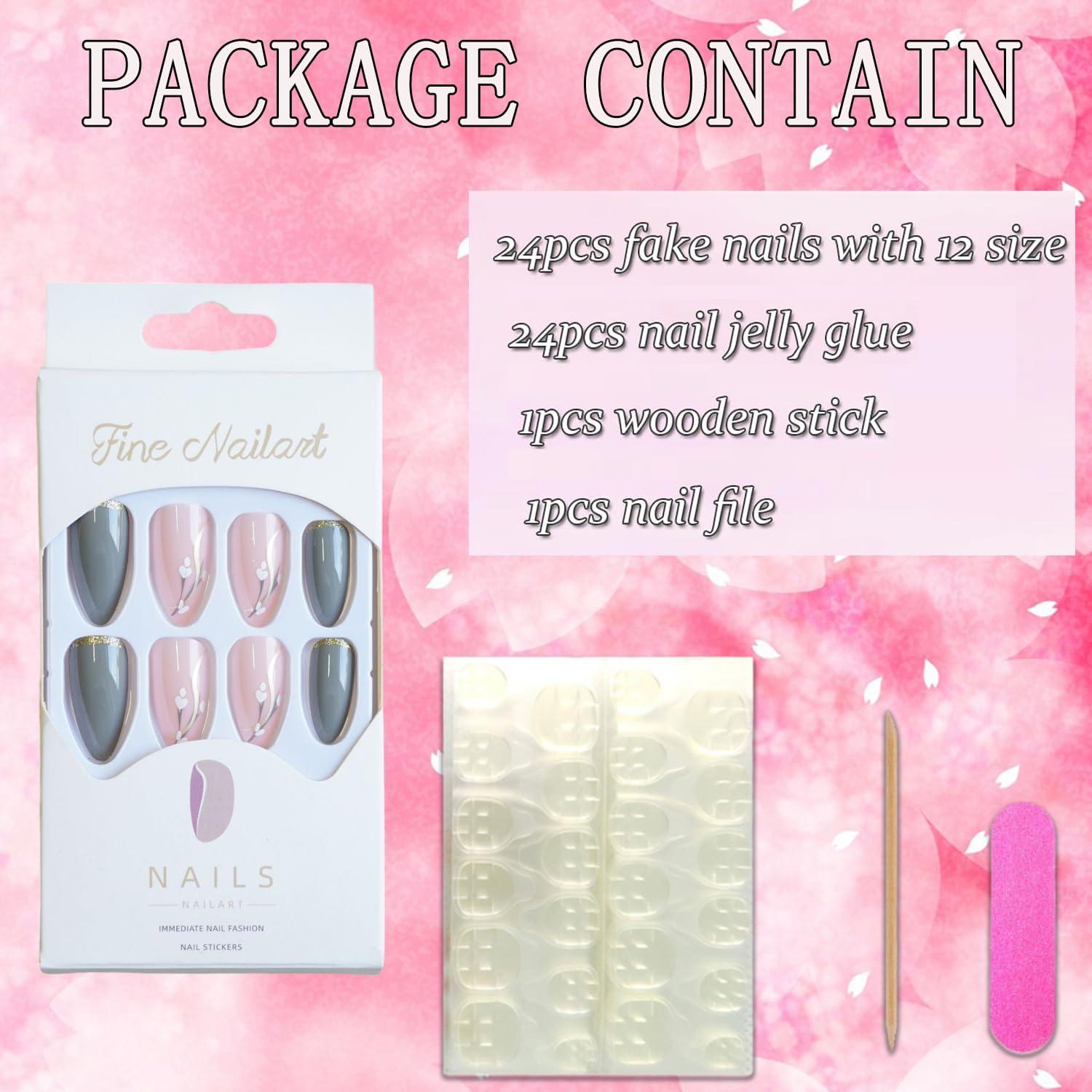 Uñas Postizas Vezocim Almendra Media Grises 24 Piezas