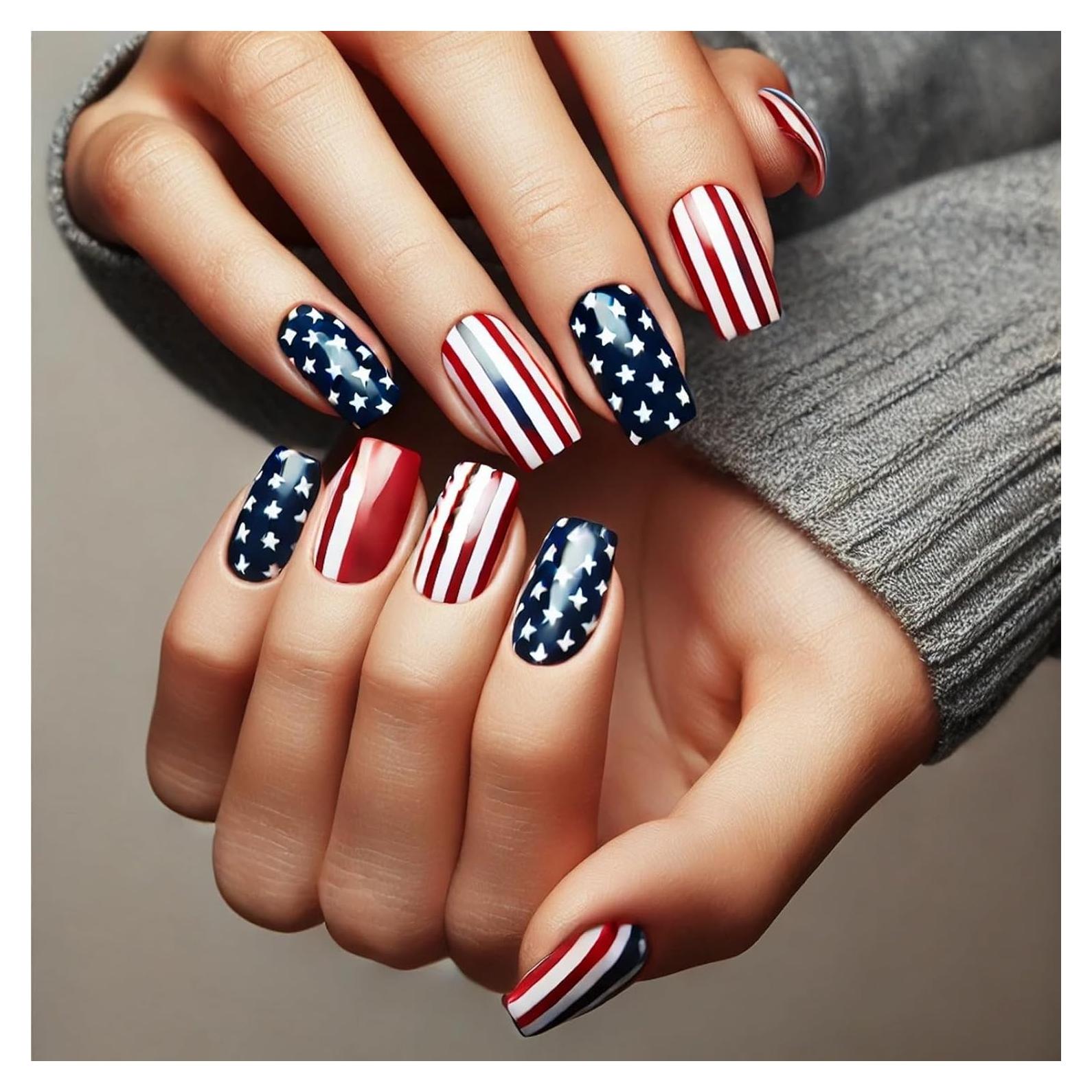 Uñas Postizas de Presión MABKJLF 4 de Julio 24 Pcs Acrílicas