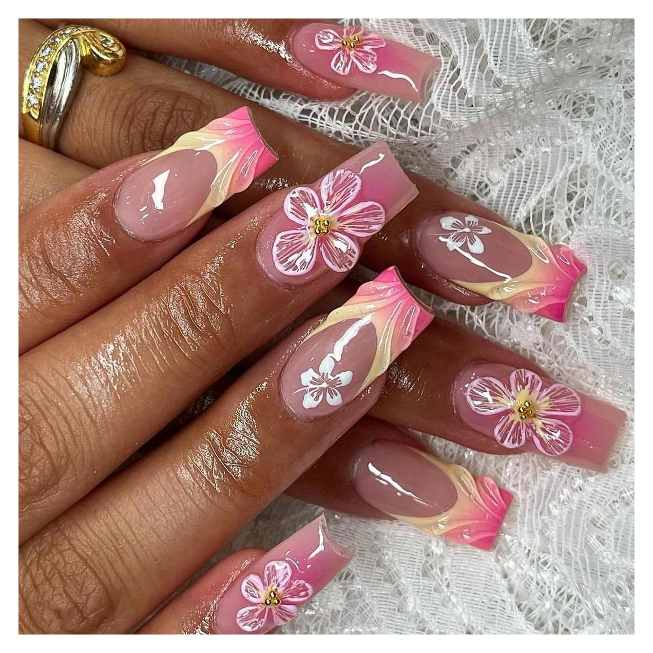 Uñas Postizas Cuadradas CTTHNBD Ombre Rosa 24 Pcs con Flores