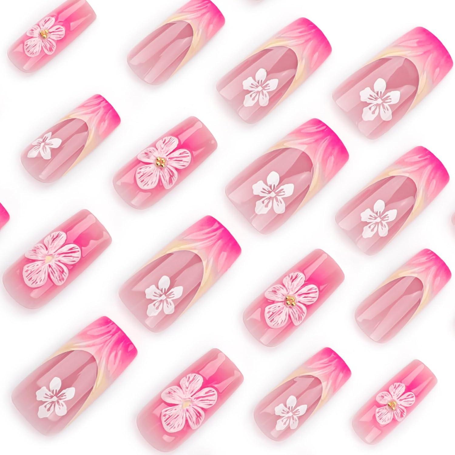 Uñas Postizas Cuadradas CTTHNBD Ombre Rosa 24 Pcs con Flores
