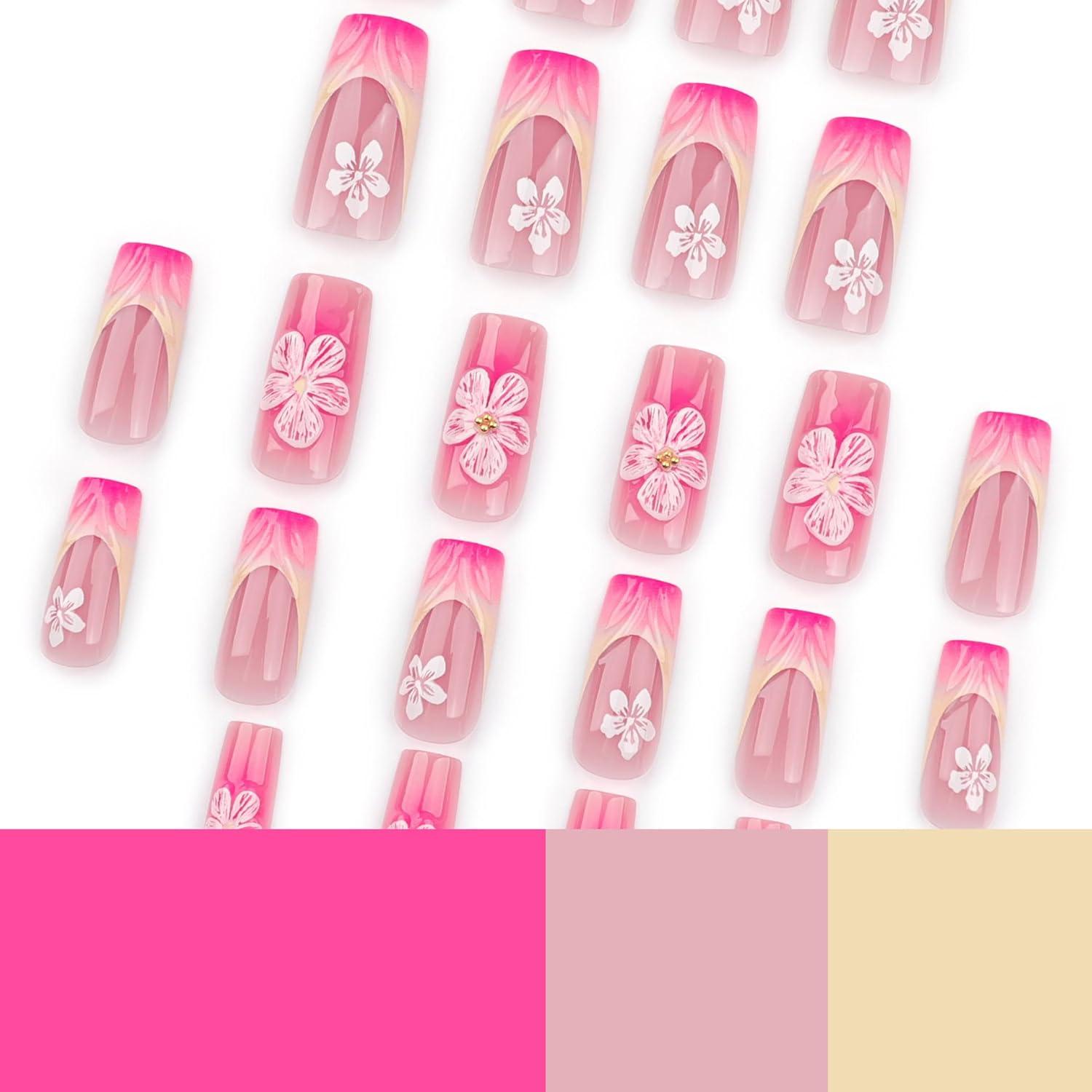 Uñas Postizas Cuadradas CTTHNBD Ombre Rosa 24 Pcs con Flores