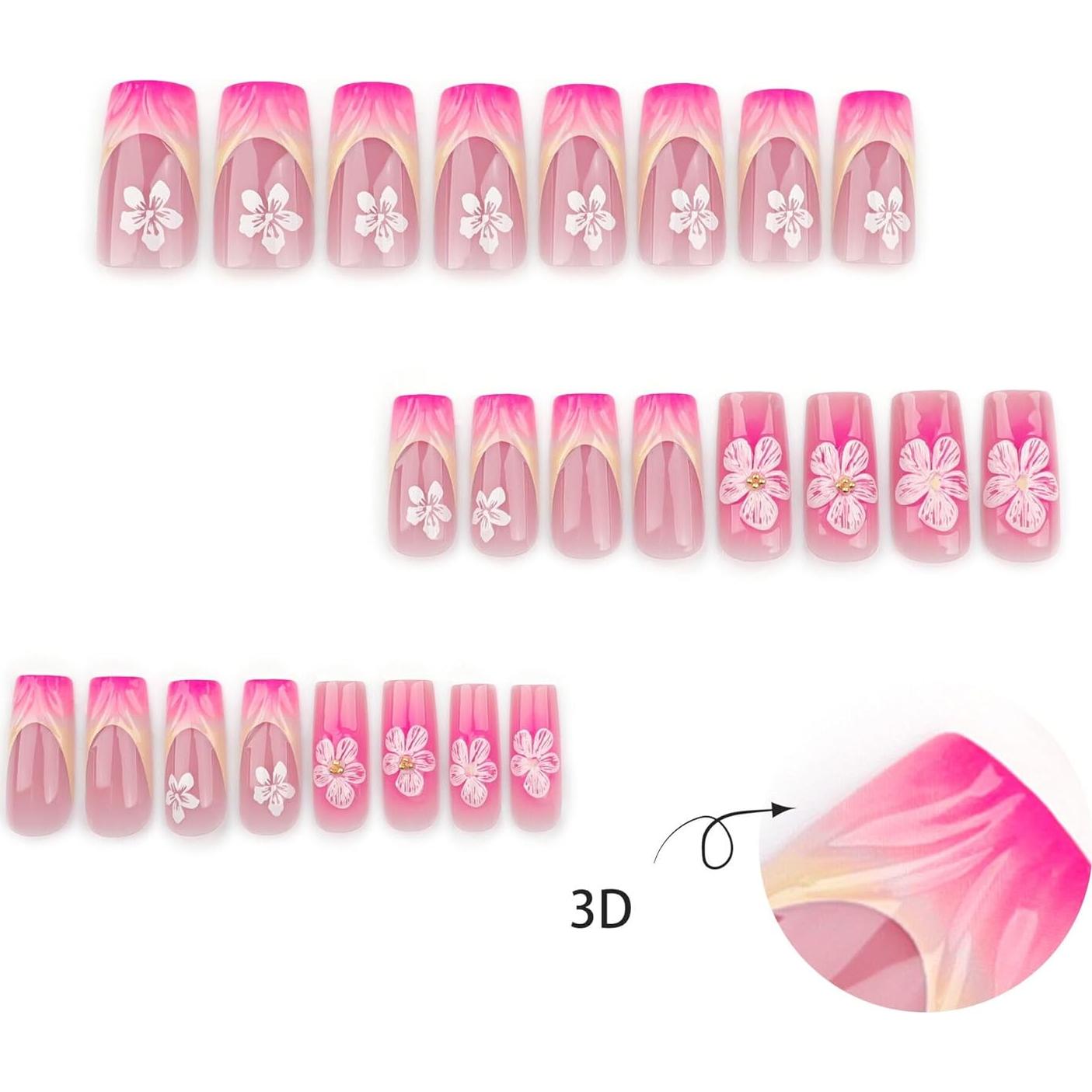 Uñas Postizas Cuadradas CTTHNBD Ombre Rosa 24 Pcs con Flores