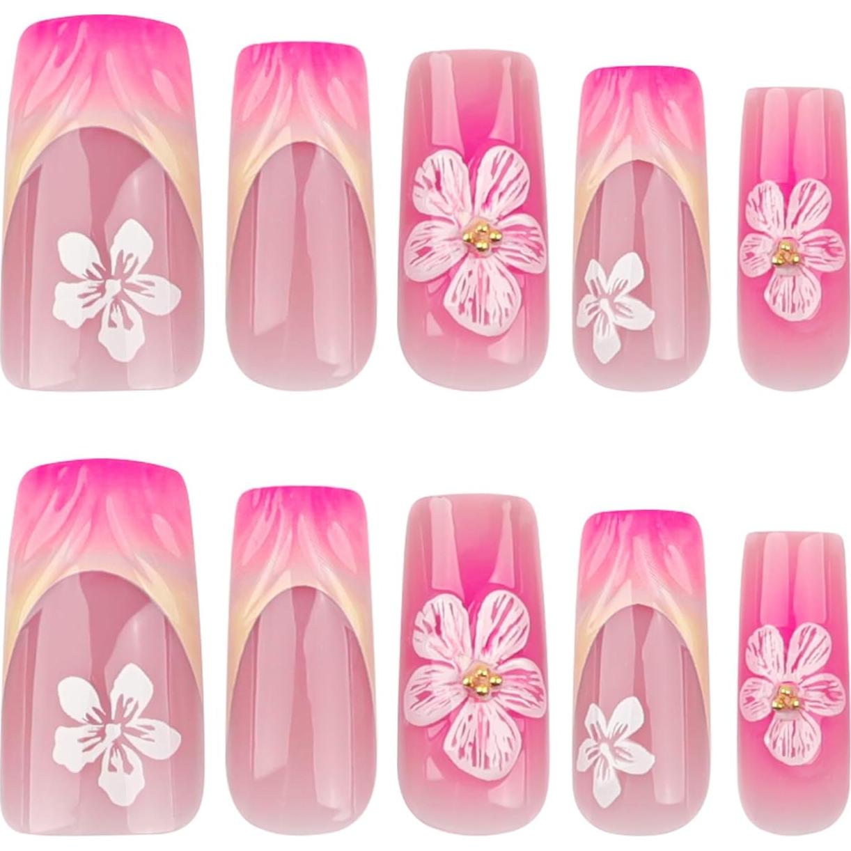 Uñas Postizas Cuadradas CTTHNBD Ombre Rosa 24 Pcs con Flores