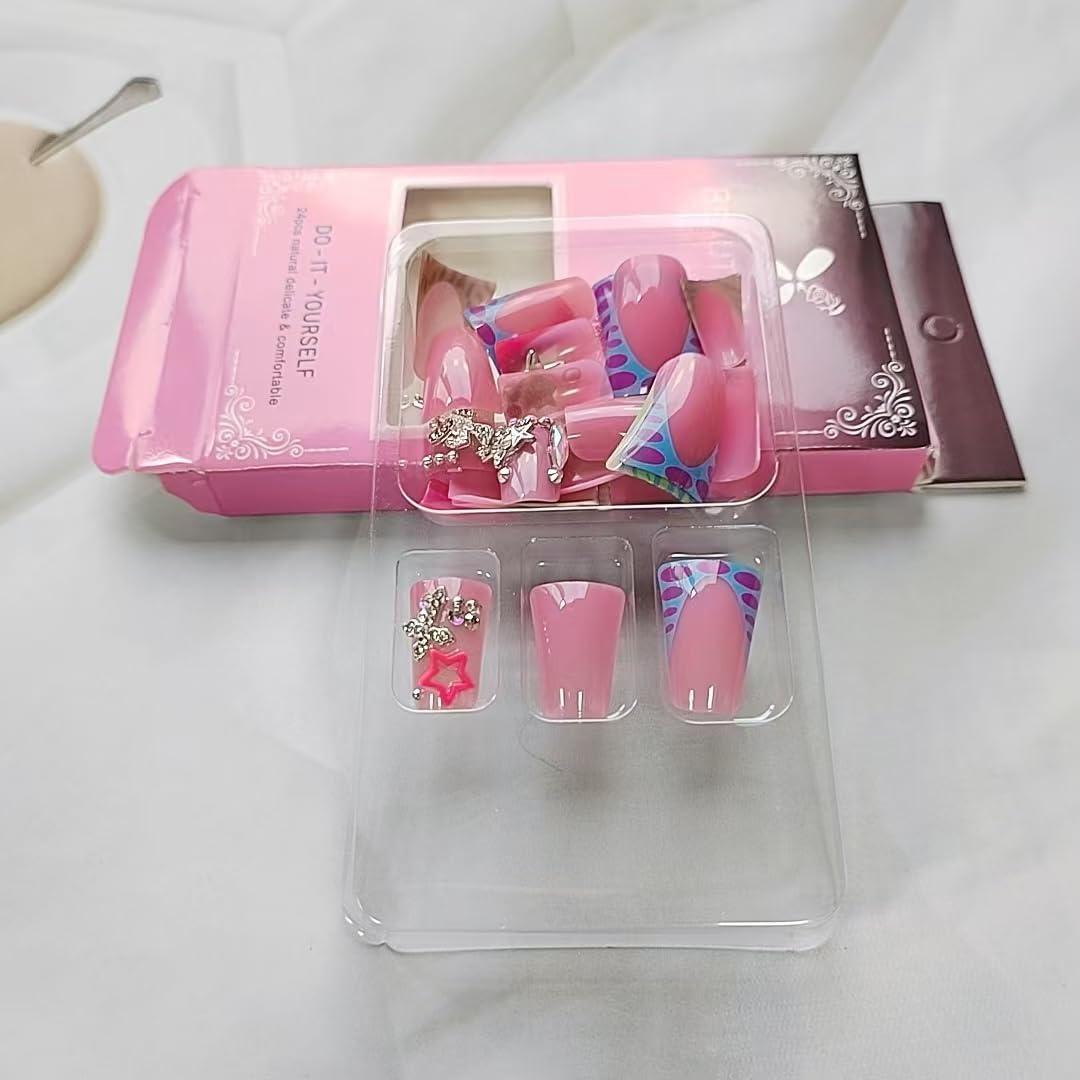 Kit de Uñas Postizas Cortas YEFIUO 24 Pcs Acrílicas con Brillo