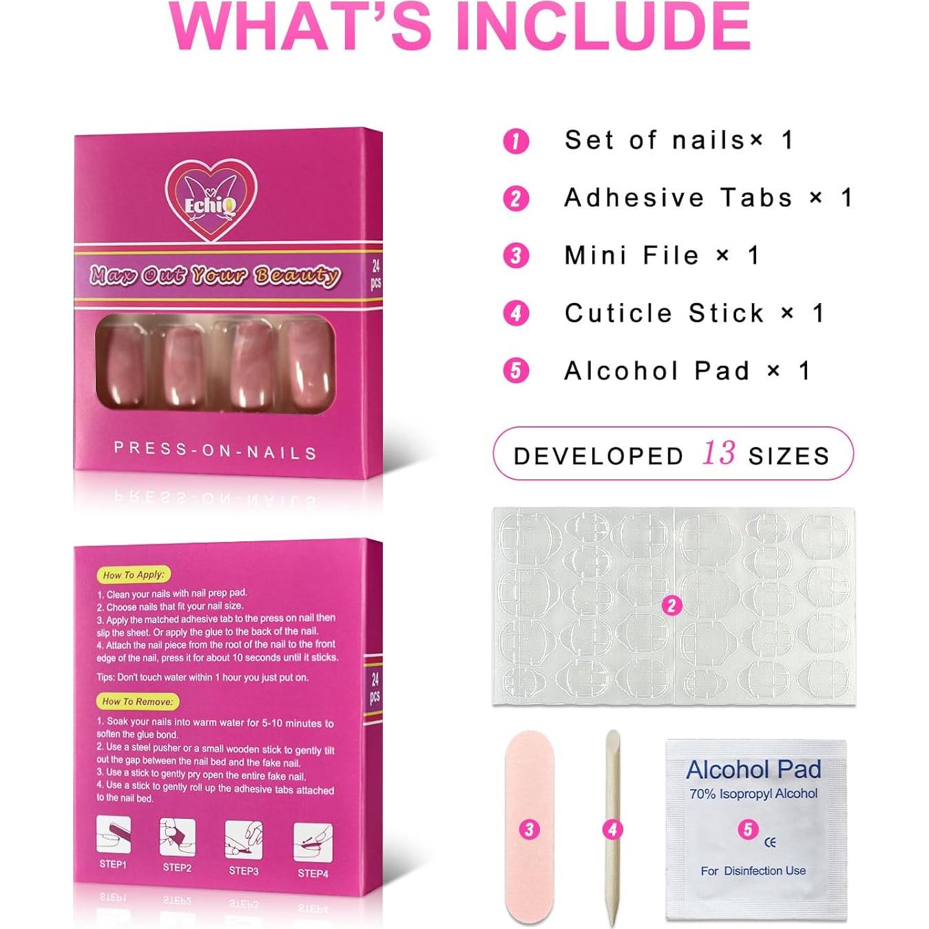 Uñas Artificiales de Mármol Rosa Brillante EchiQ Z836 Tamaño Medio