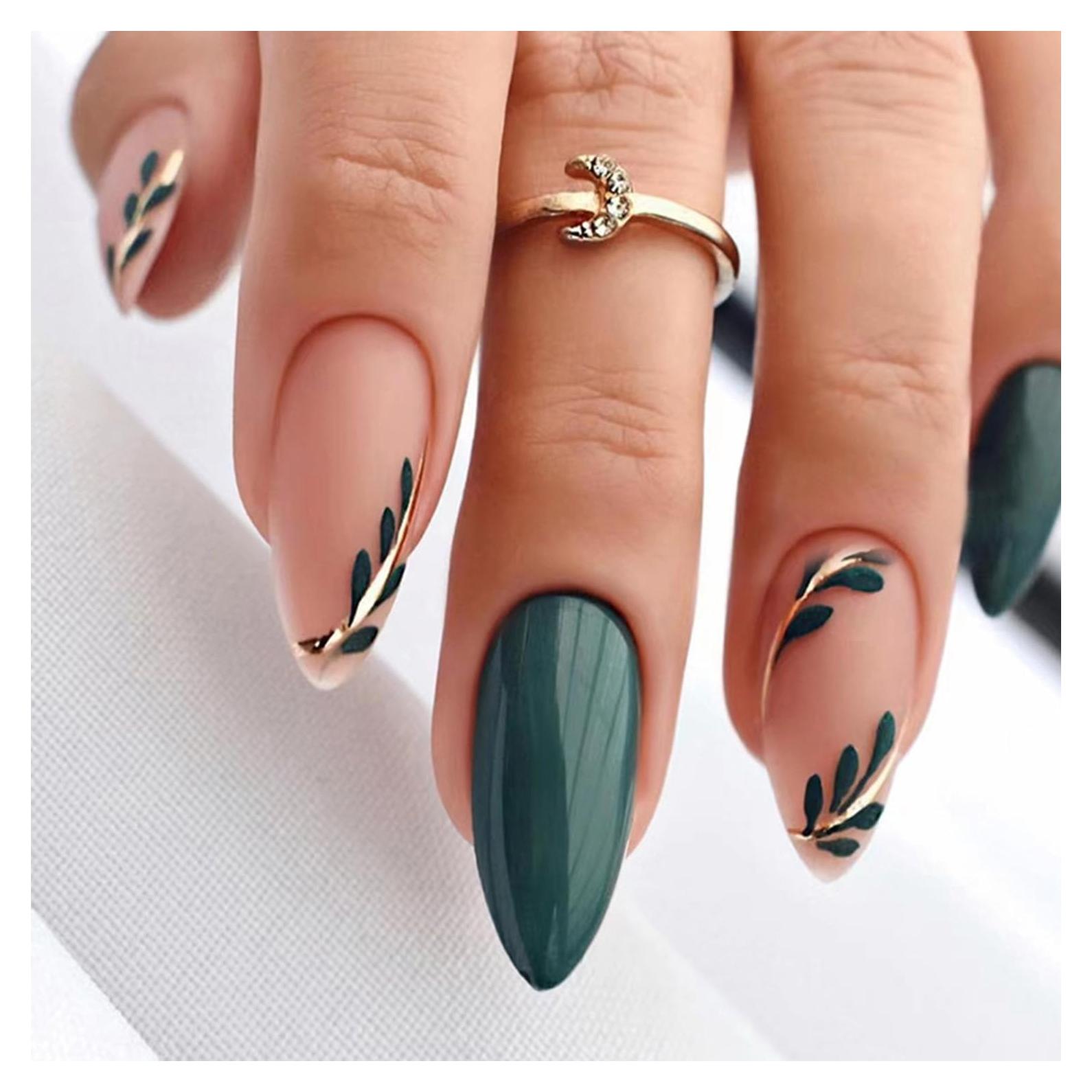 Uñas Postizas Almendra AROVFAM Verdes Brillantes 24 Piezas