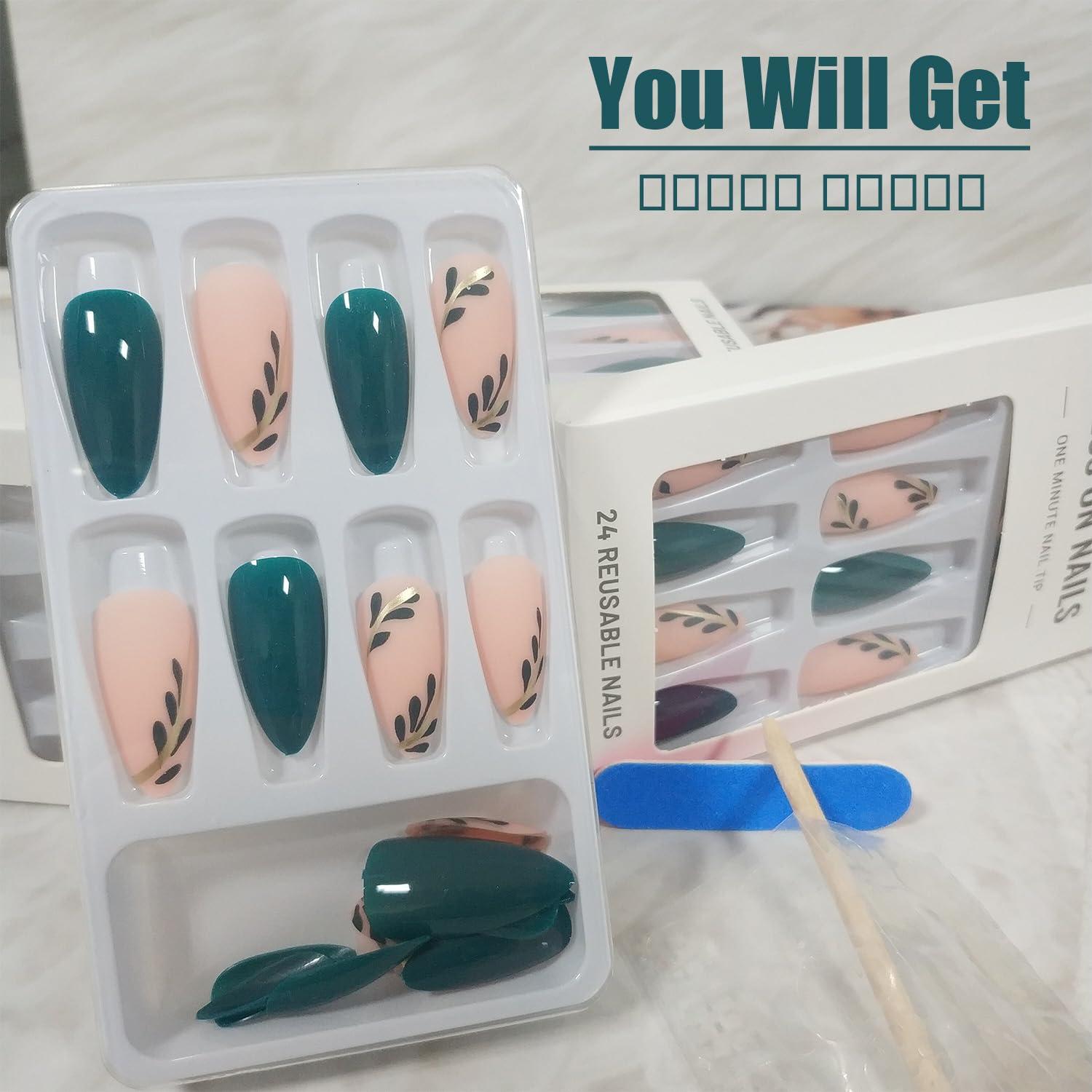 Uñas Postizas Almendra AROVFAM Verdes Brillantes 24 Piezas