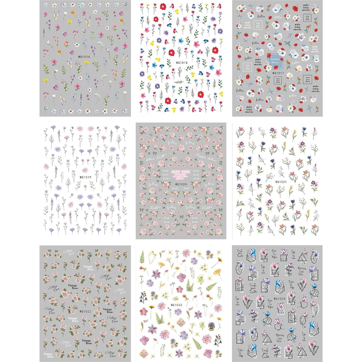 Calcomanías de Uñas JMEOWIO 9 Hojas Flores Coloridas