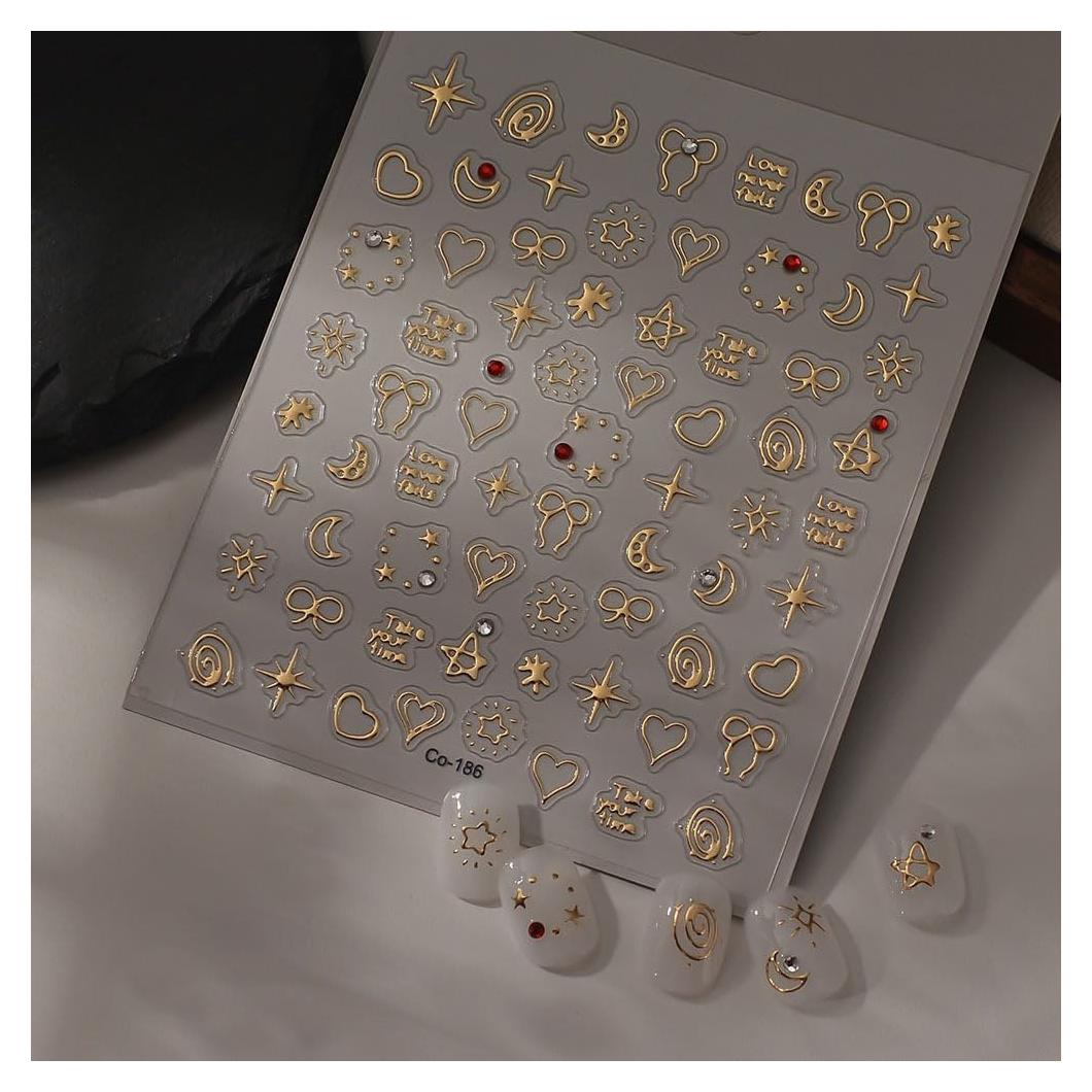 Calcomanías de Uñas Doradas 5D CTTHNBD - Corazón y Estrella