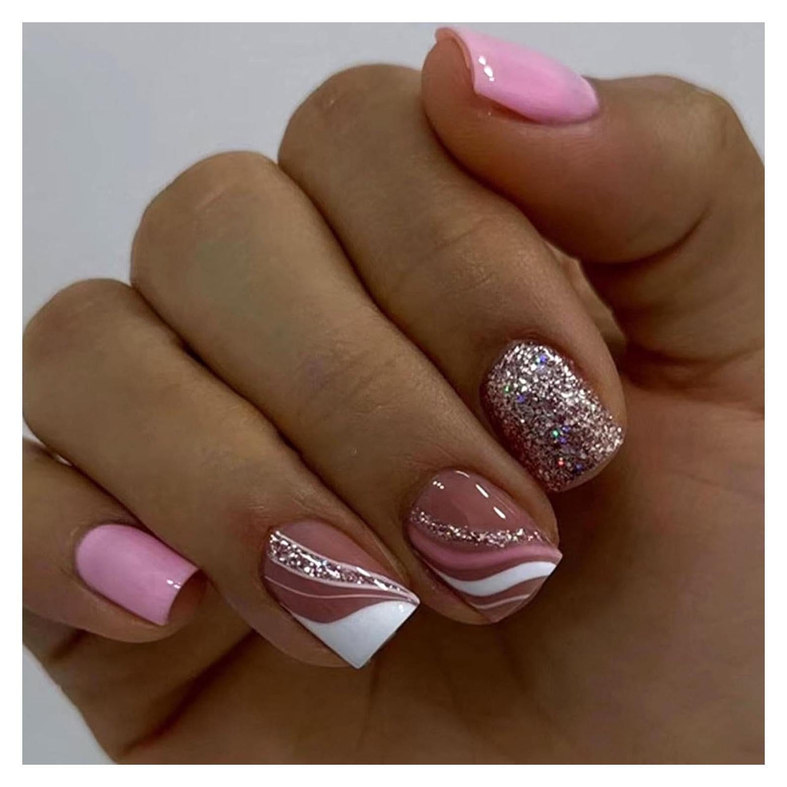 Uñas Postizas Cortas Cuadradas TUZANDW 24 Pcs Brillo Lentejuelas