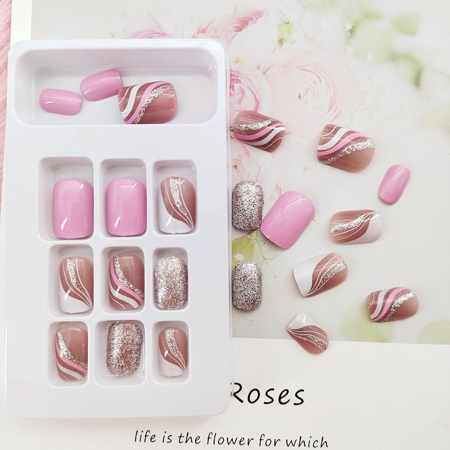 Uñas Postizas Cortas Cuadradas TUZANDW 24 Pcs Brillo Lentejuelas