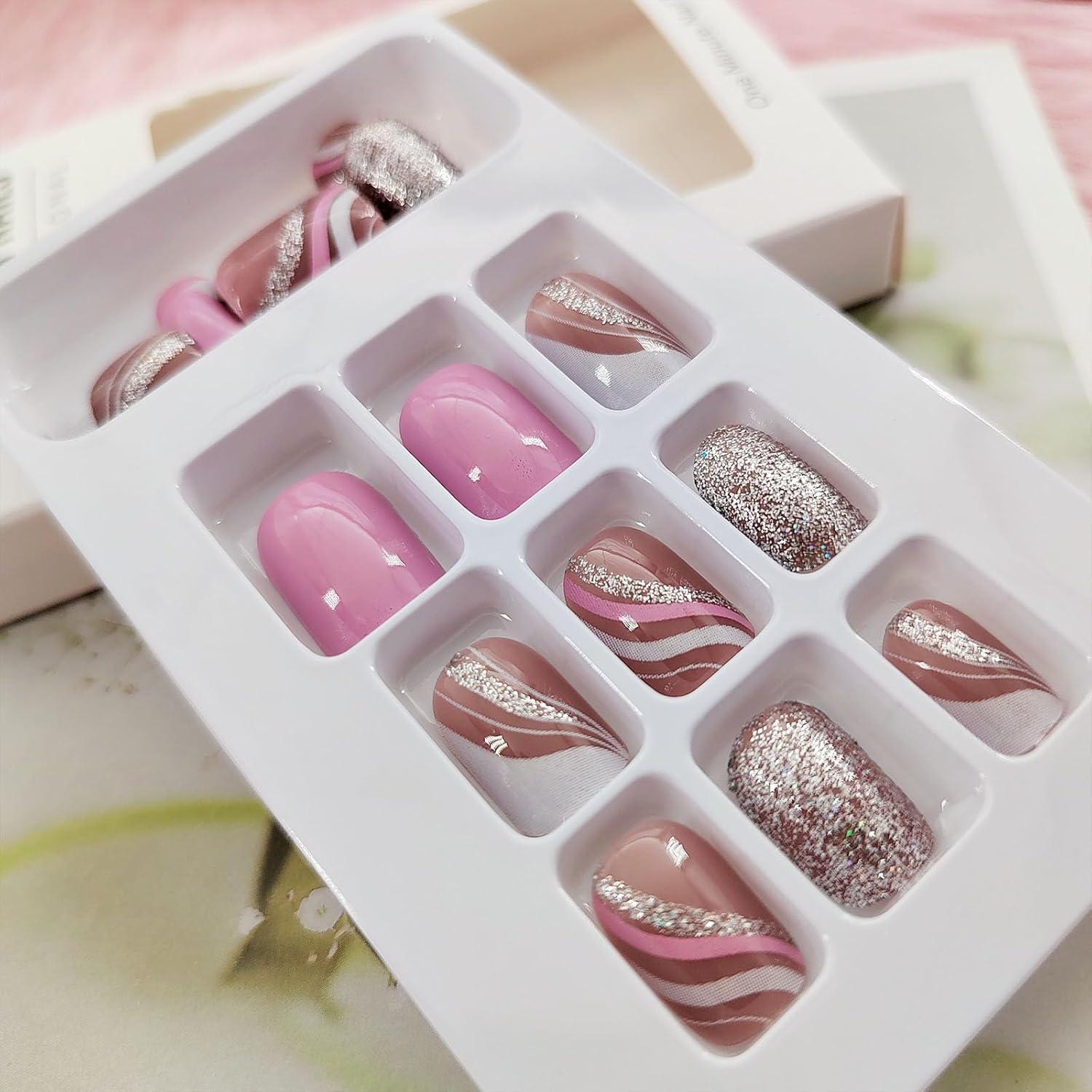 Uñas Postizas Cortas Cuadradas TUZANDW 24 Pcs Brillo Lentejuelas