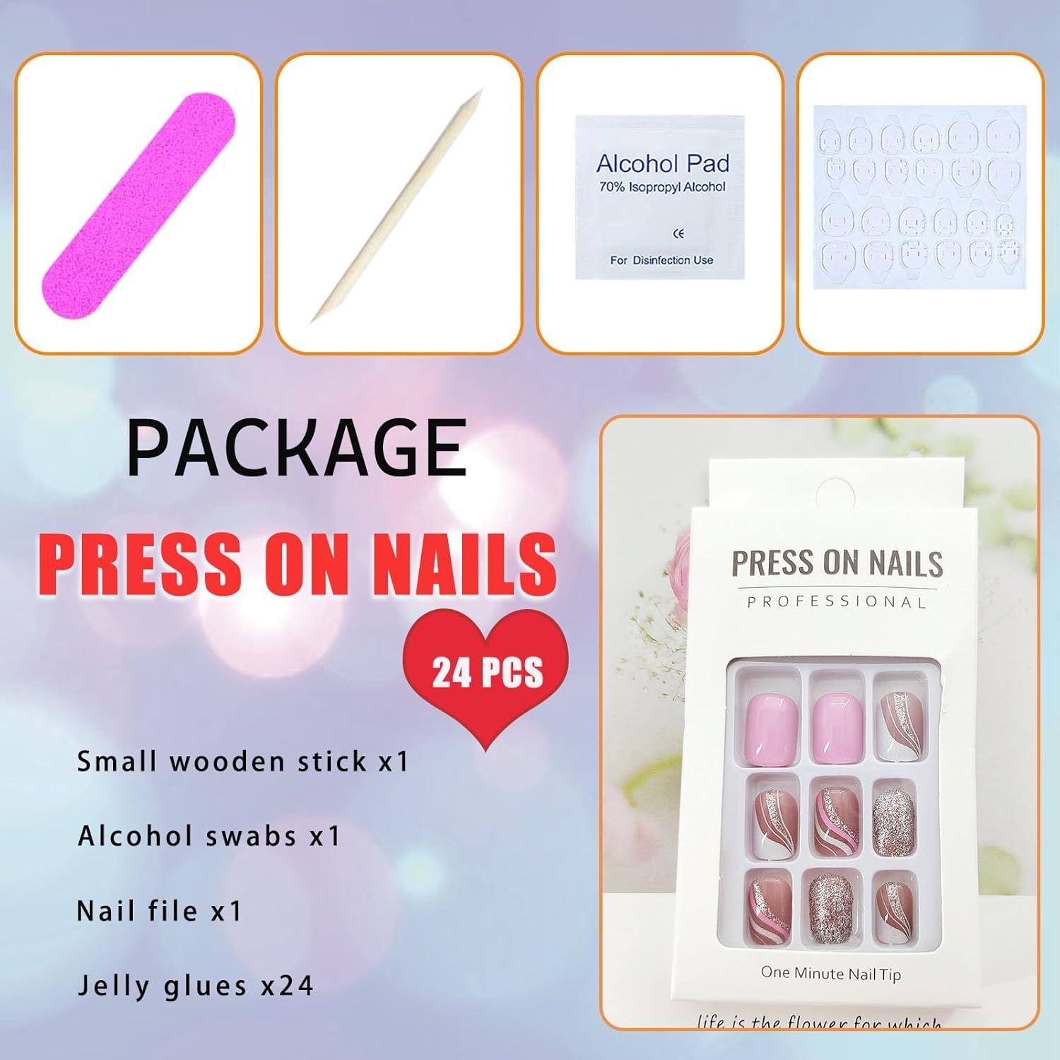 Uñas Postizas Cortas Cuadradas TUZANDW 24 Pcs Brillo Lentejuelas