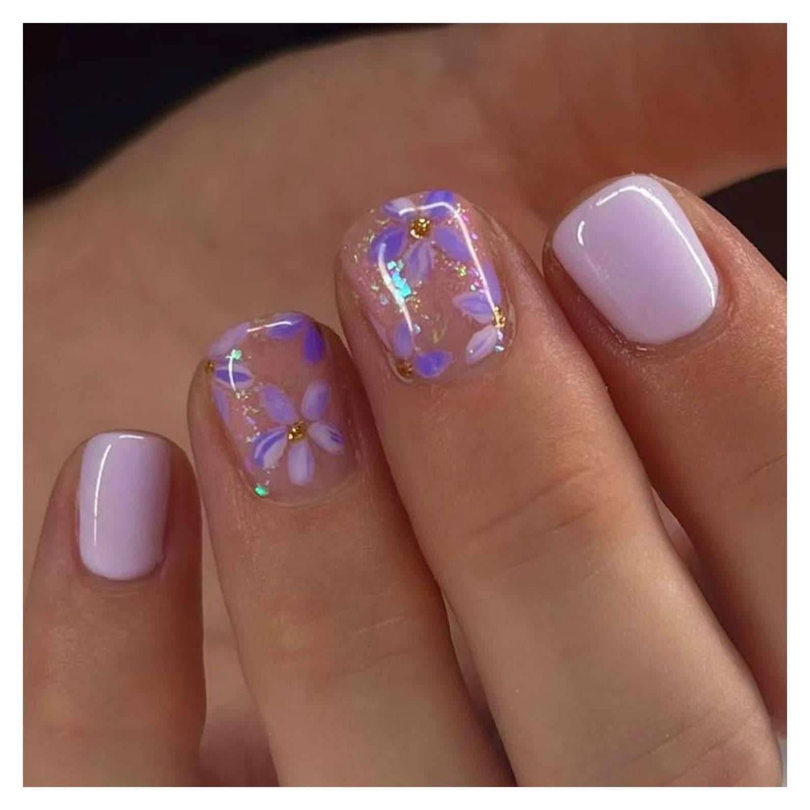 Uñas Postizas Cortas Cuadradas Lnulyaciy 24Pcs Flores