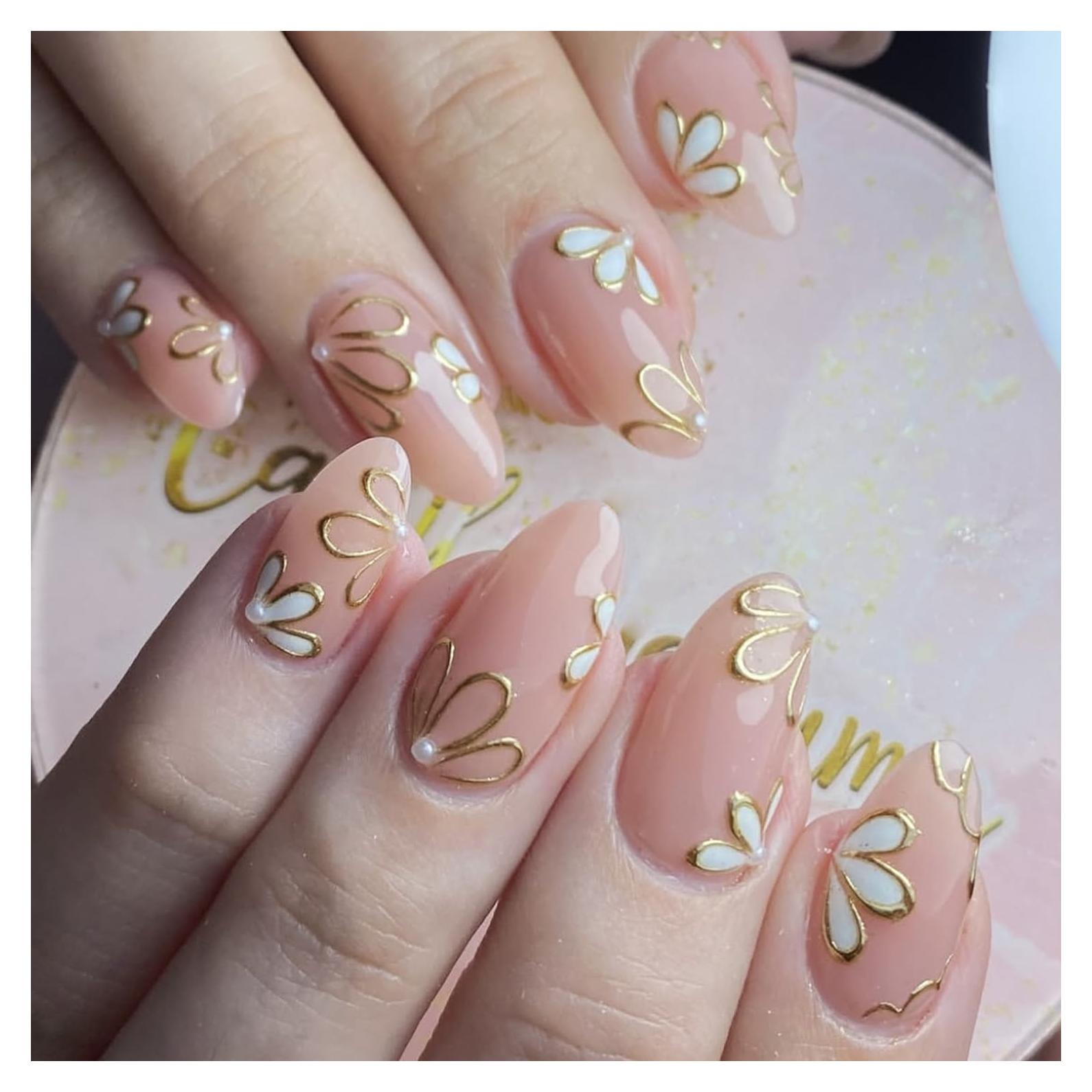 Uñas Postizas de Almendra BSBTBZ 24Pcs con Diseño Floral