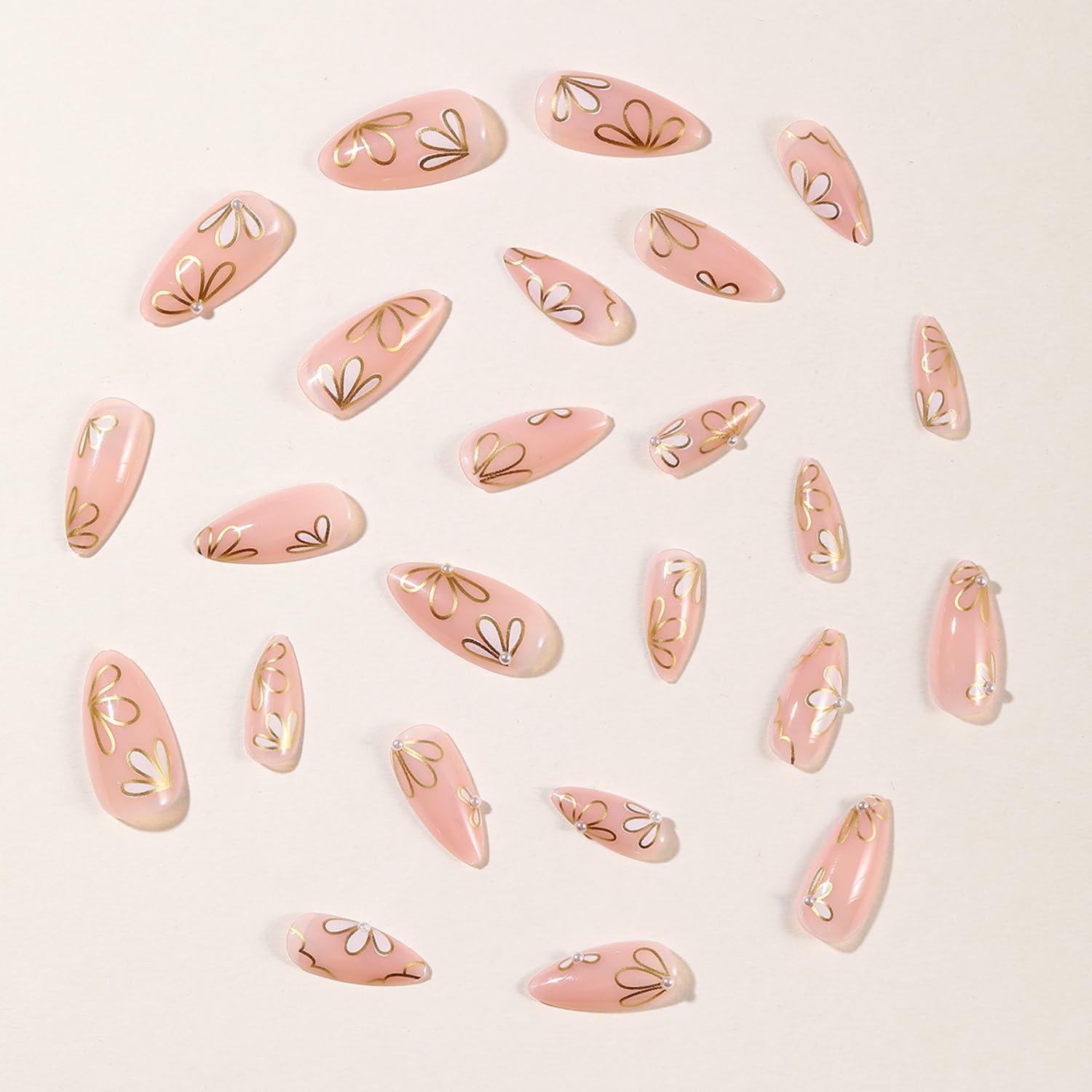 Uñas Postizas de Almendra BSBTBZ 24Pcs con Diseño Floral