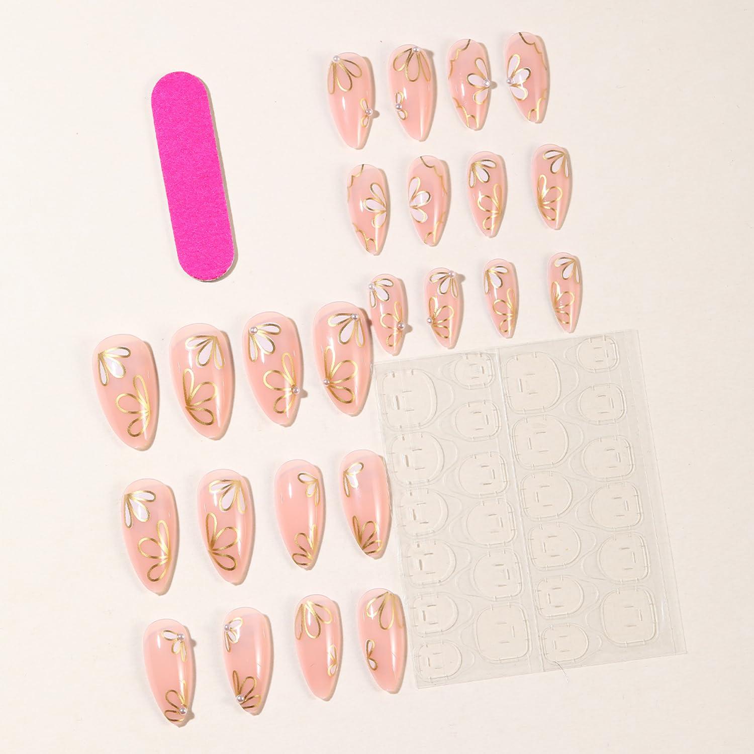 Uñas Postizas de Almendra BSBTBZ 24Pcs con Diseño Floral