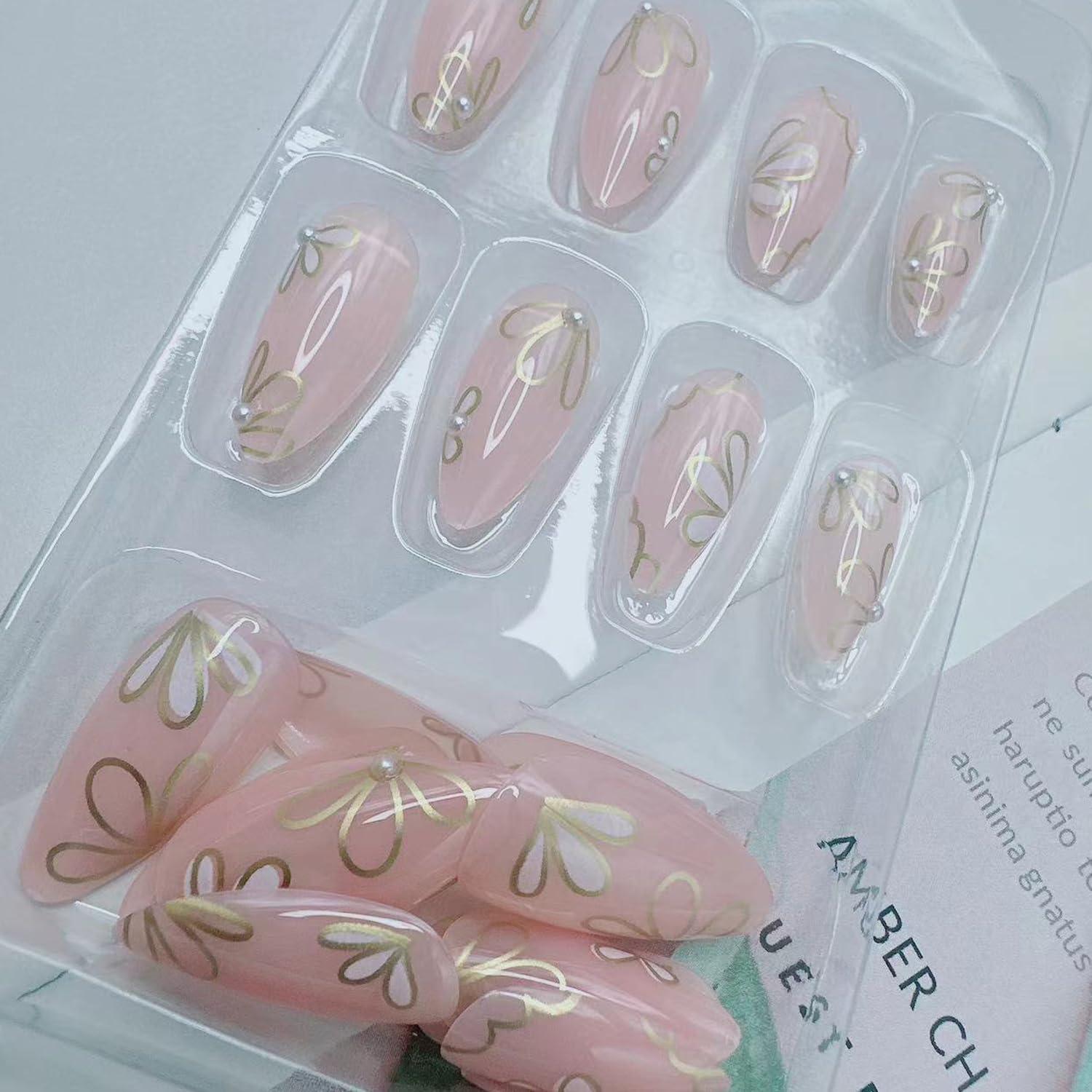 Uñas Postizas de Almendra BSBTBZ 24Pcs con Diseño Floral